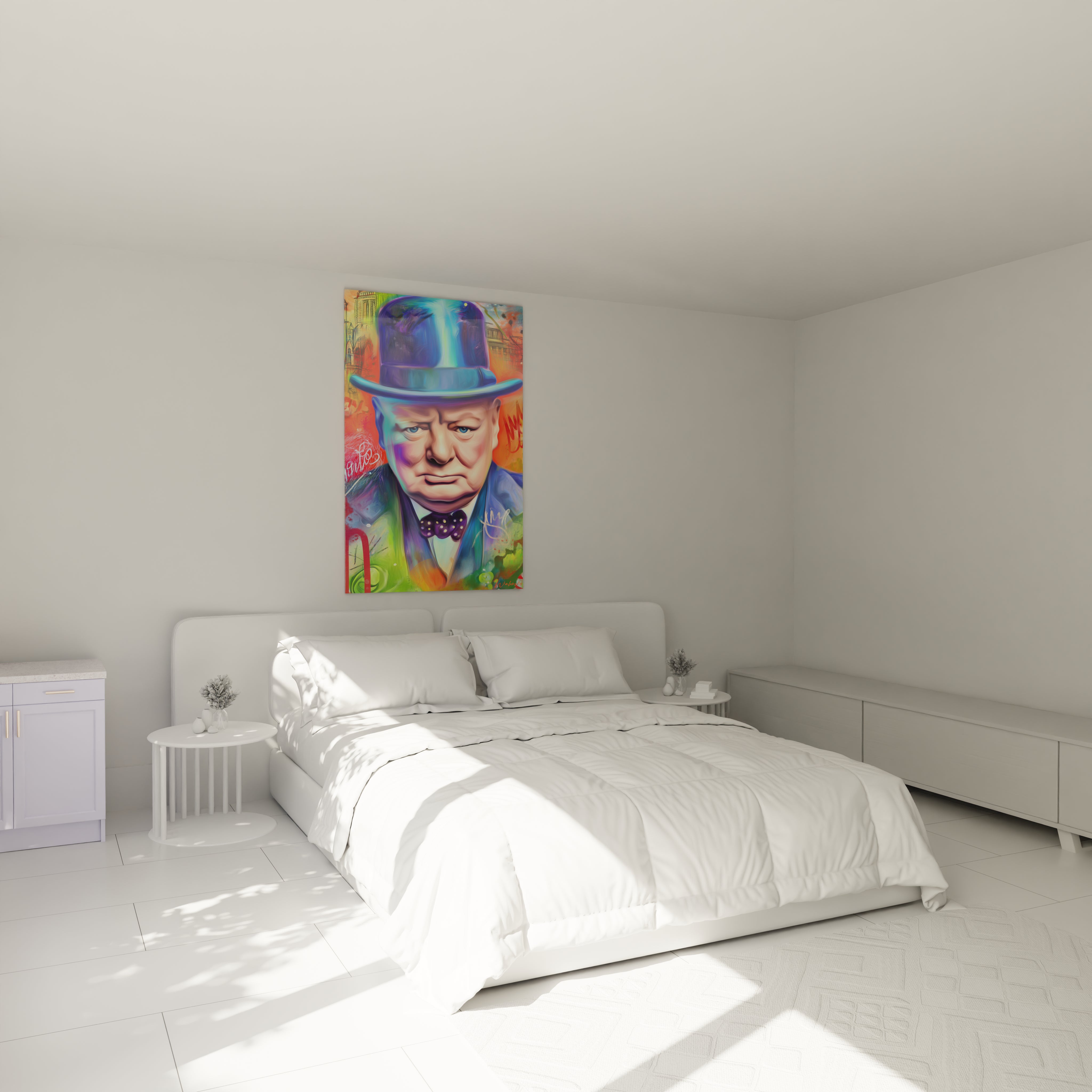 tableau Winston Churchill haut de gamme Walensky portrait coloré style pop art accroché au dessus du lit