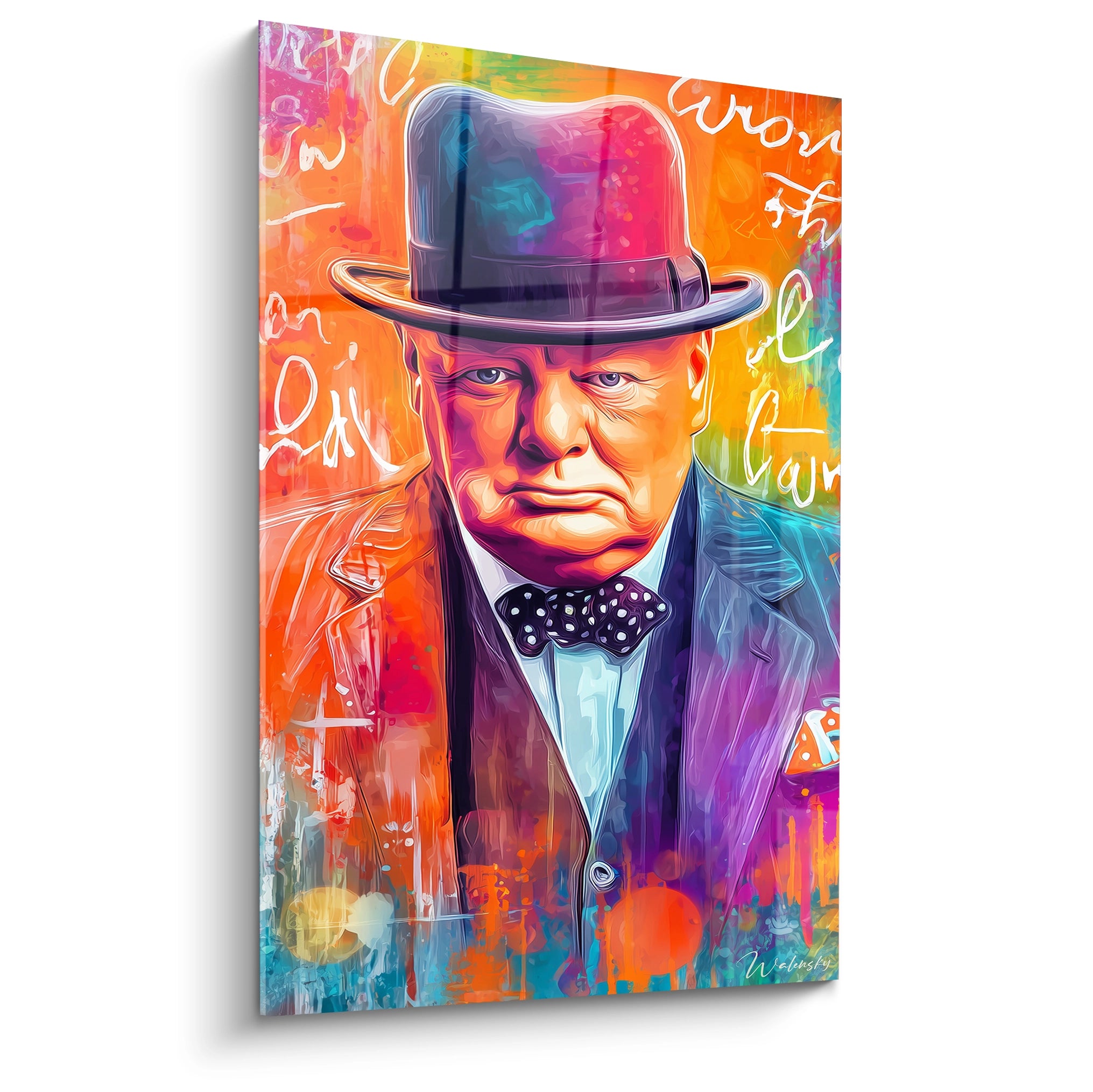 tableau Winston Churchill haut de gamme Walensky portrait pop art colore chapeau melon et noeud papillon