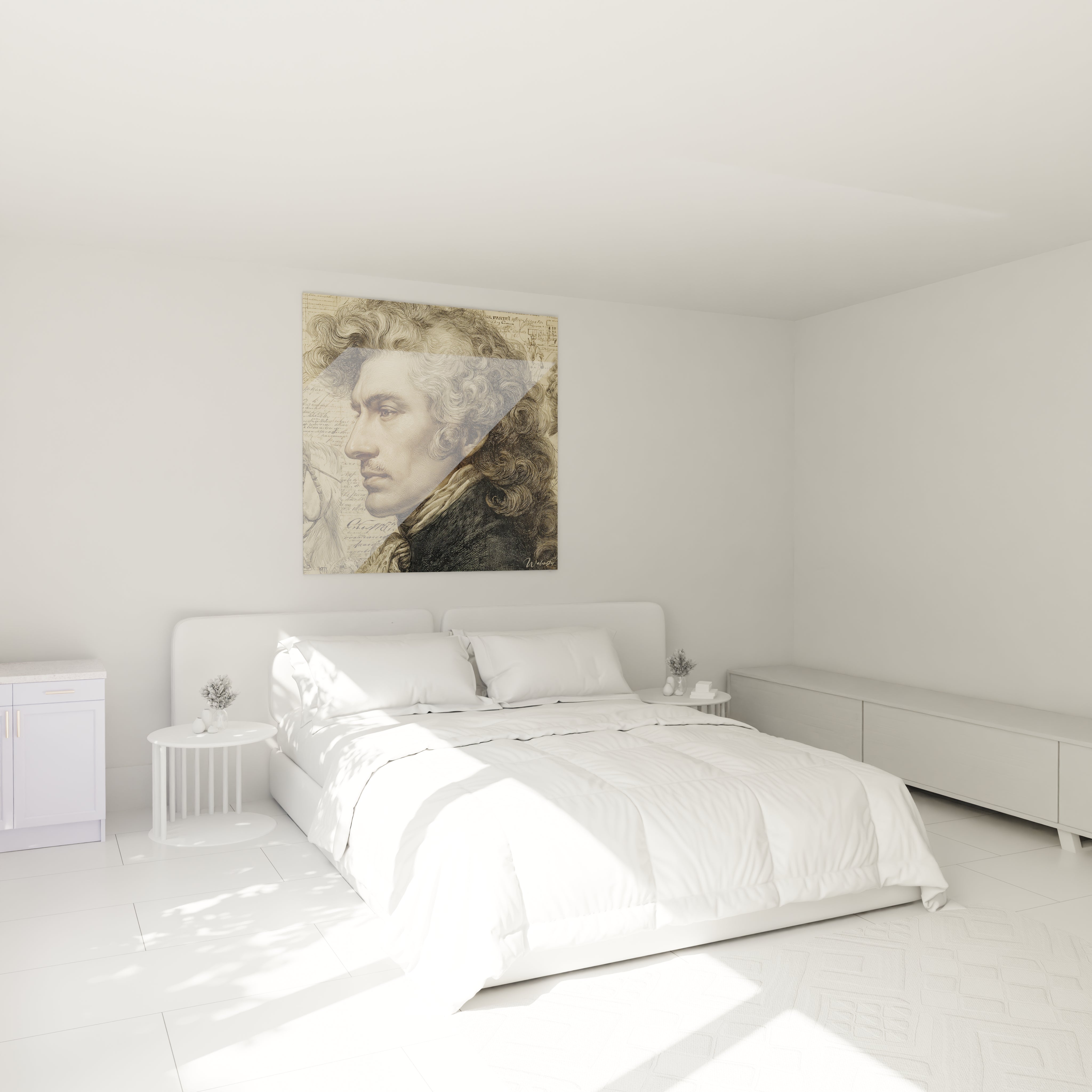 tableau portrait gravé haut de gamme Walensky accroché au dessus du lit dans une chambre blanche minimaliste