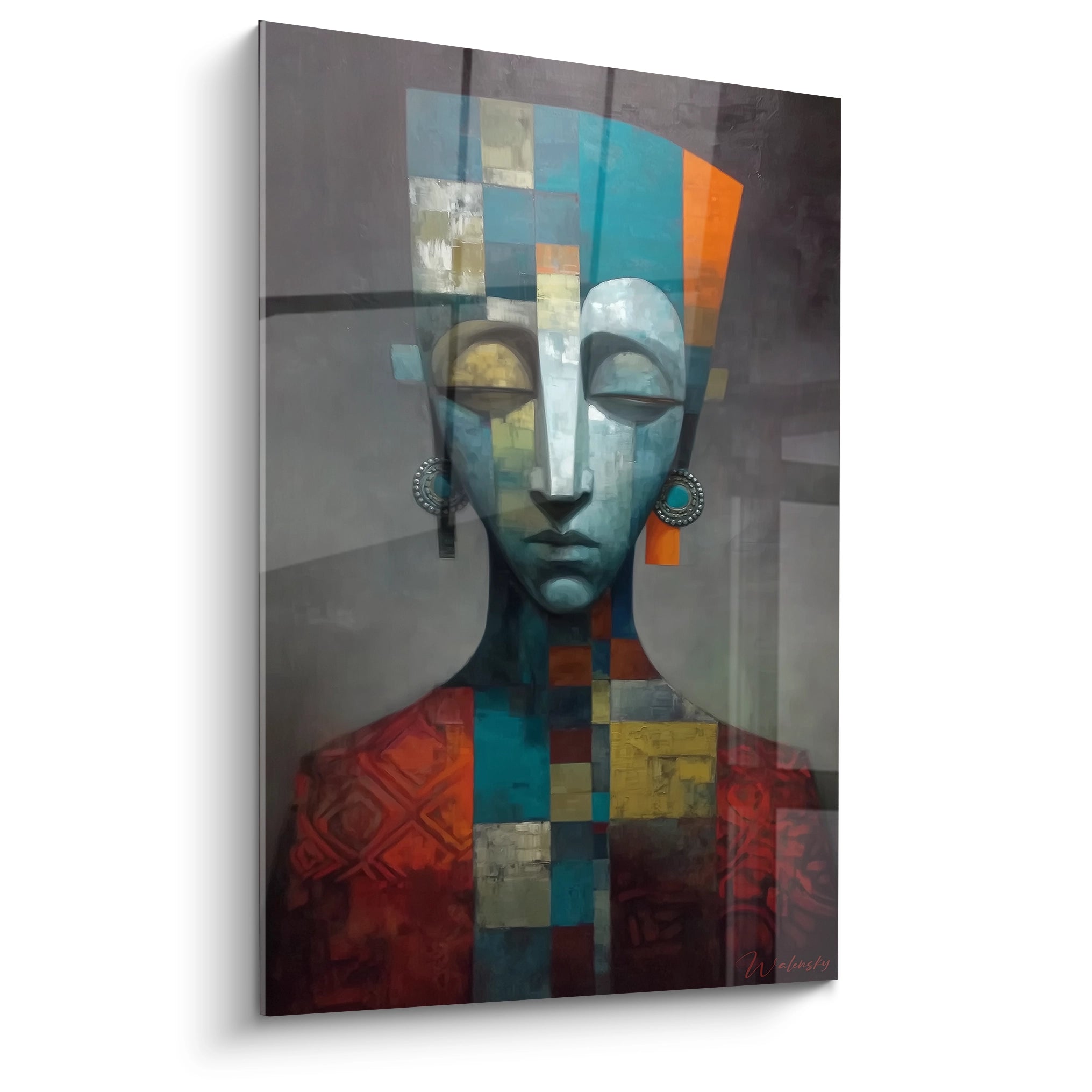tableau art tribal masque Walensky portrait abstrait masque geometrique couleurs bleu turquoise orange et rouge sur toile murale