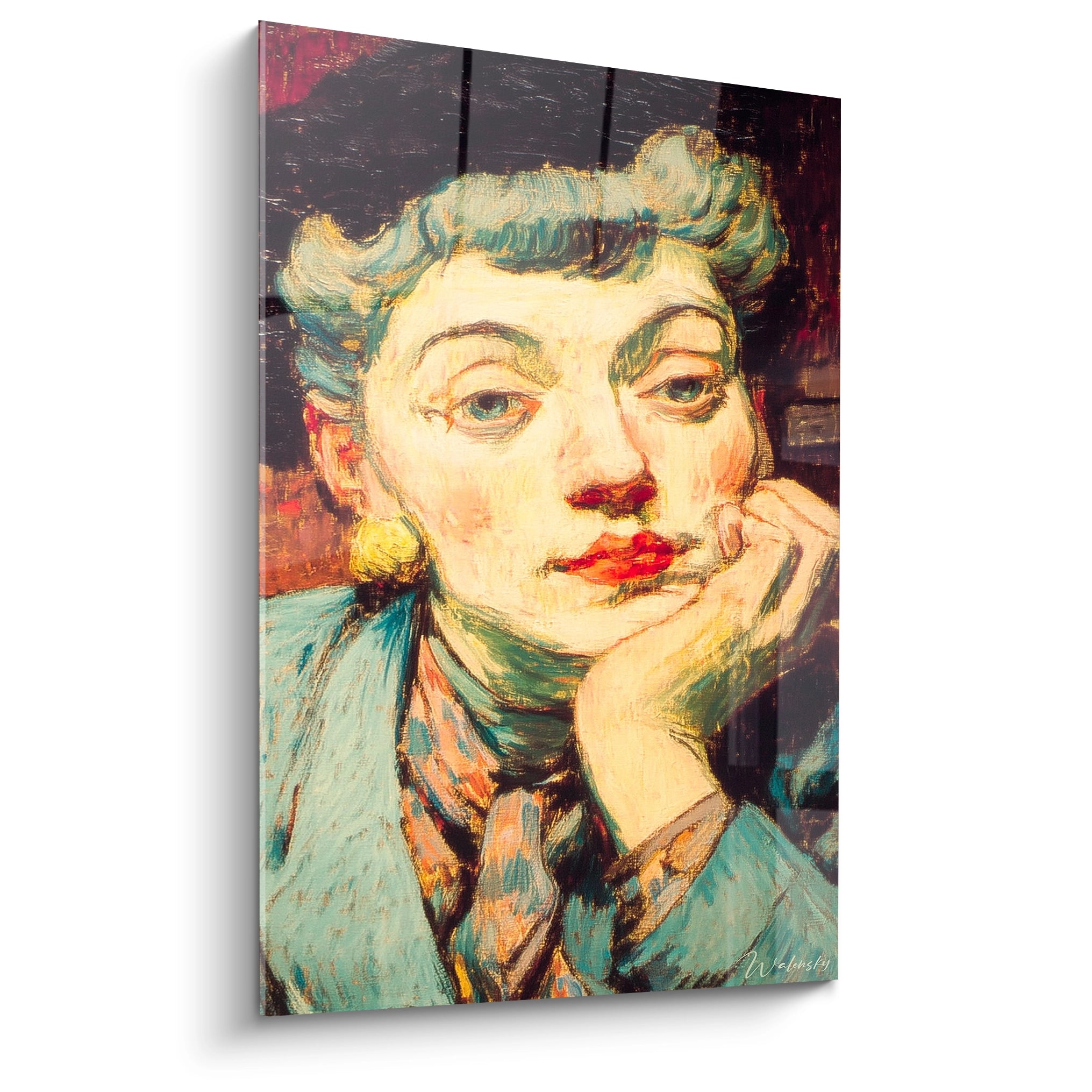 tableau femme rouge vermillon portrait peint montrant une femme songeuse aux lèvres rouges et boucles d oreille jaunes Walensky
