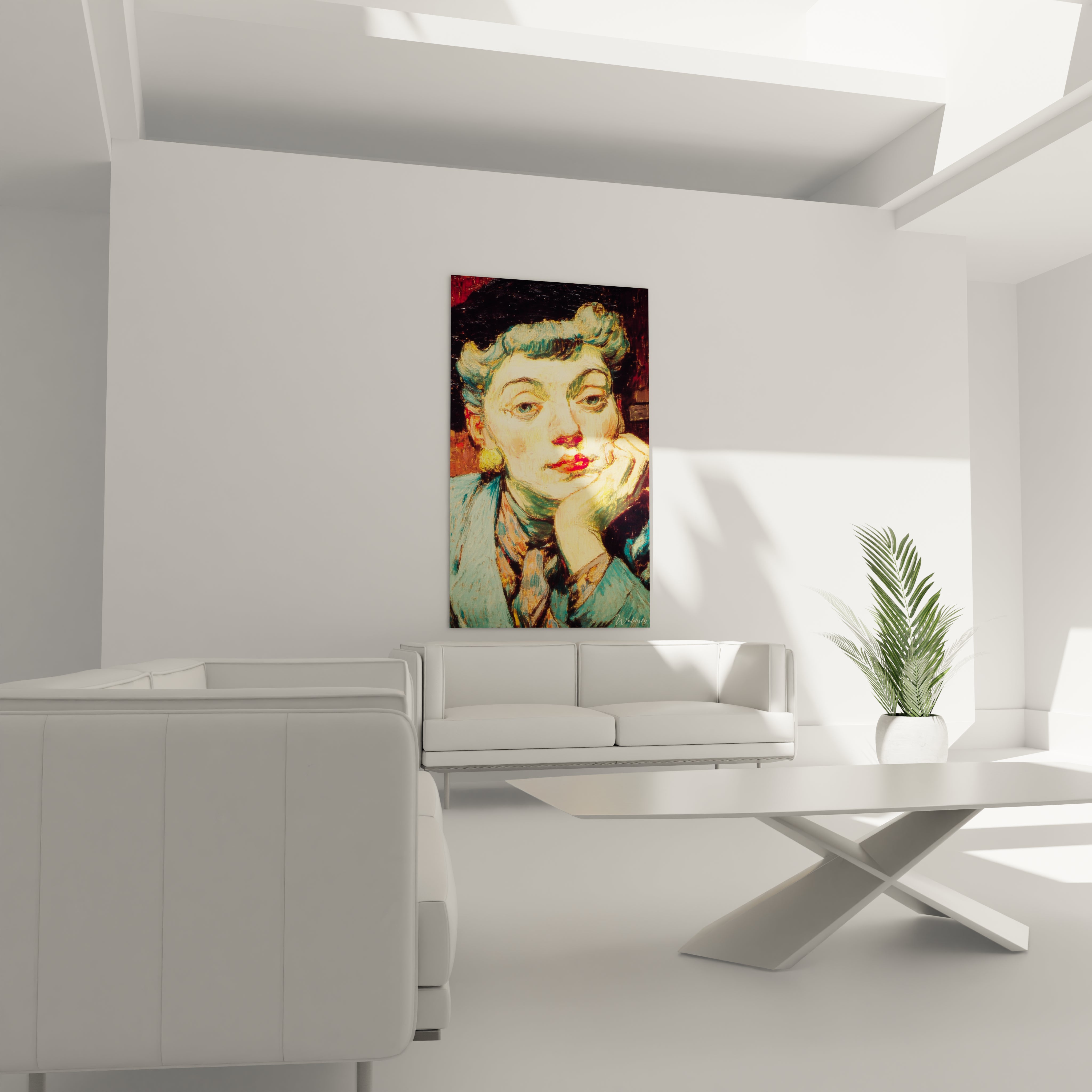 tableau femme rouge vermillon Walensky portrait vintage sur toile accroche au mur au dessus du canape blanc dans salon minimaliste