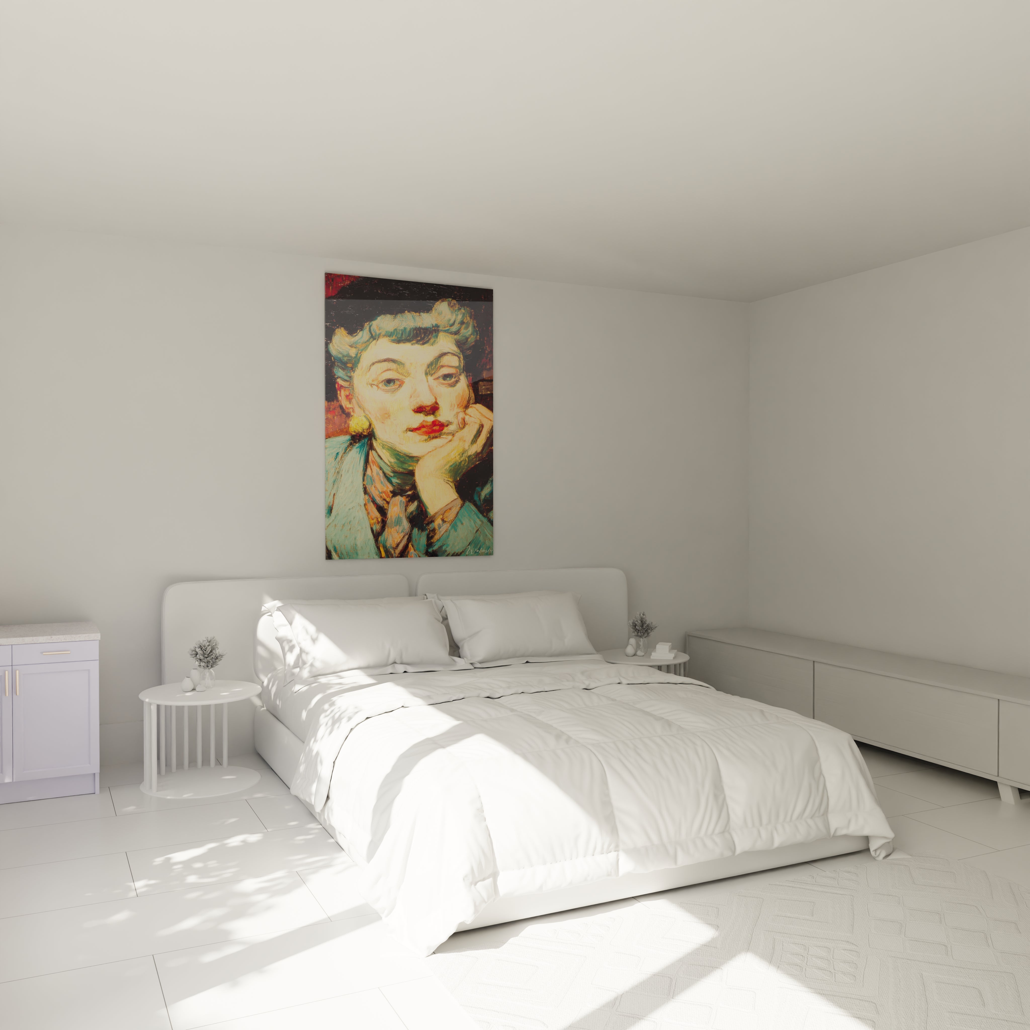 tableau mural walensky portrait femme aux tons rouges accroché au dessus d un lit blanc minimaliste tableau femme rouge vermillon