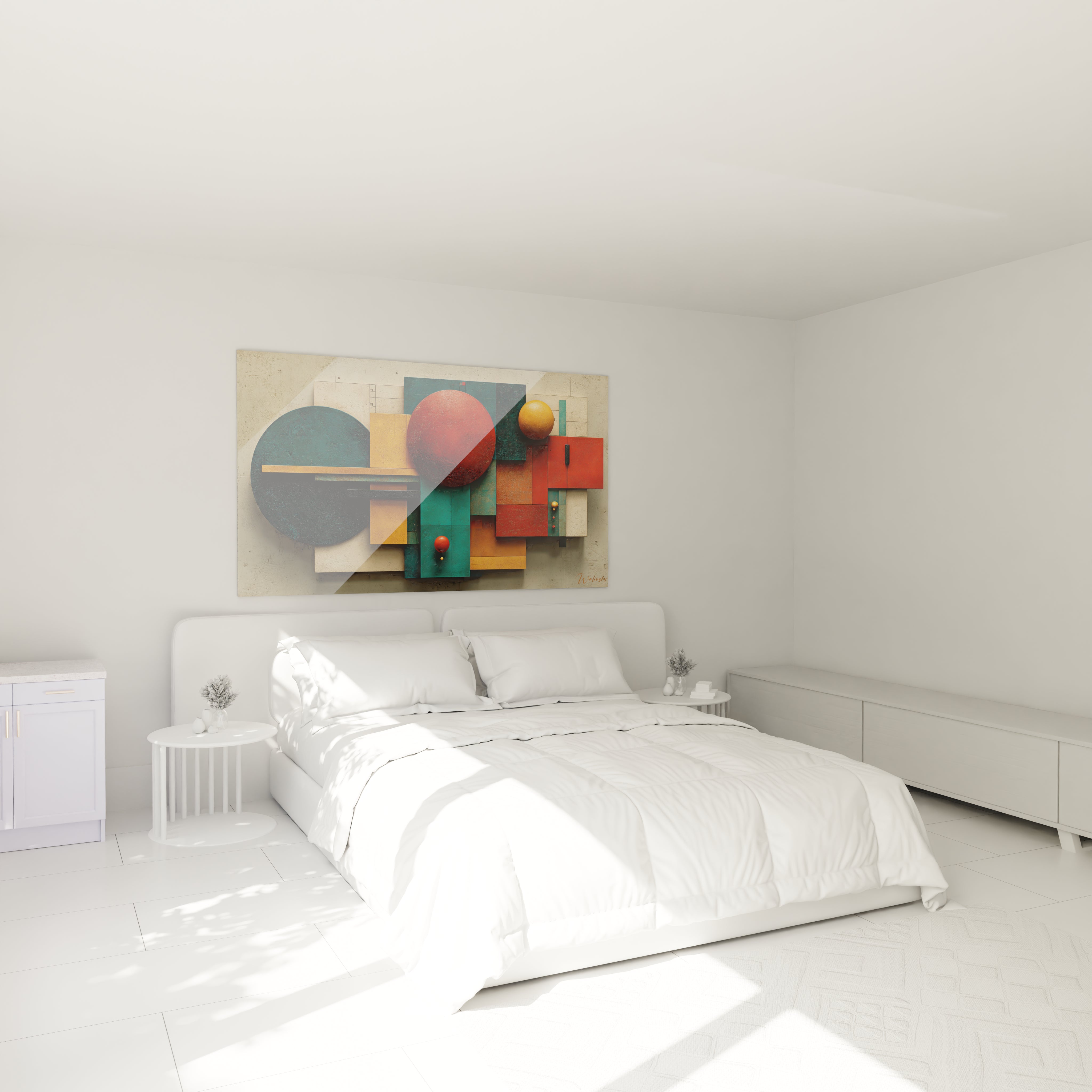 Chambre minimaliste blanche avec lit king size et tableau formes géométriques Bauhaus coloré de Walensky