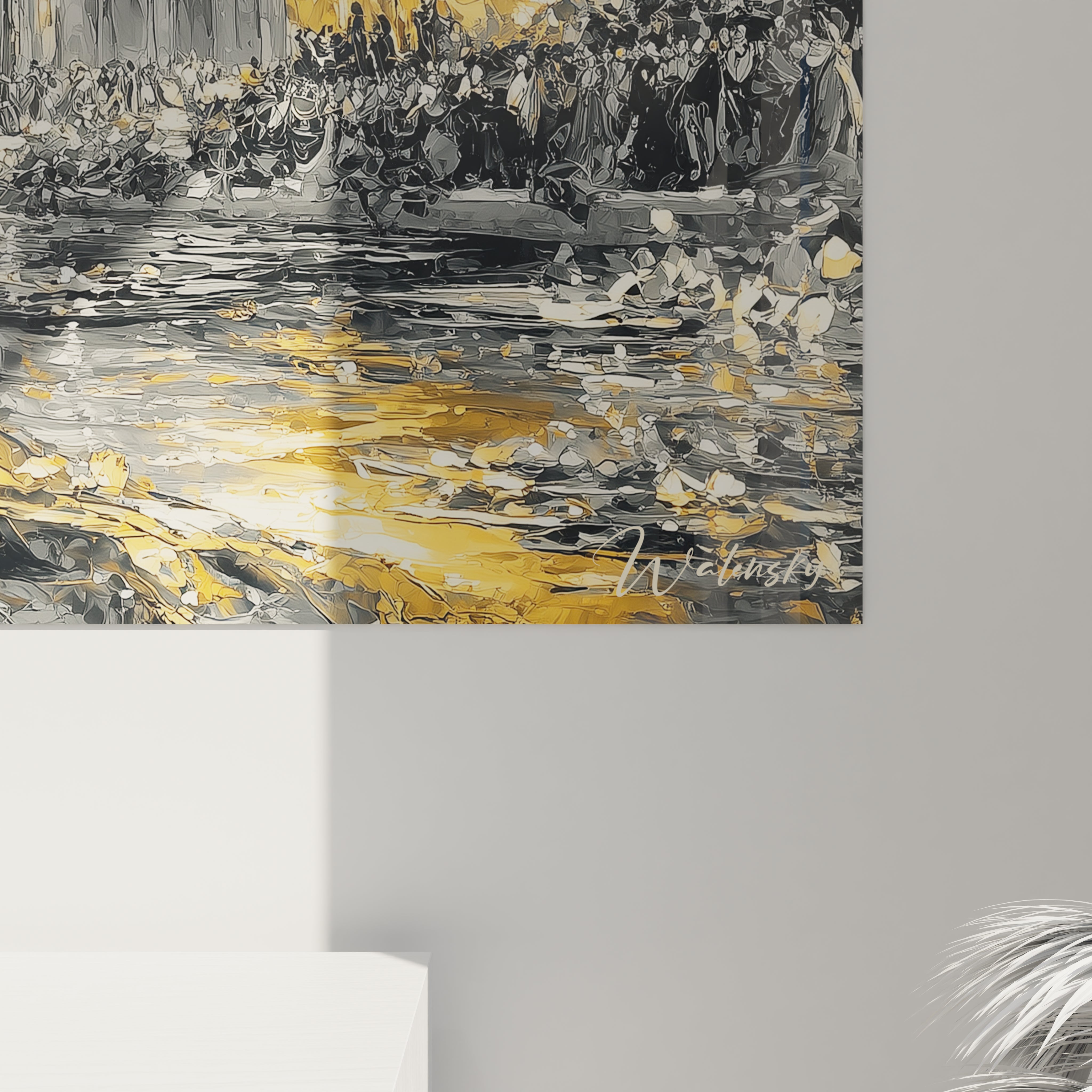 tableau gothique femme mural Walensky peinture murale tons gris et or reflet aquatique impressionniste