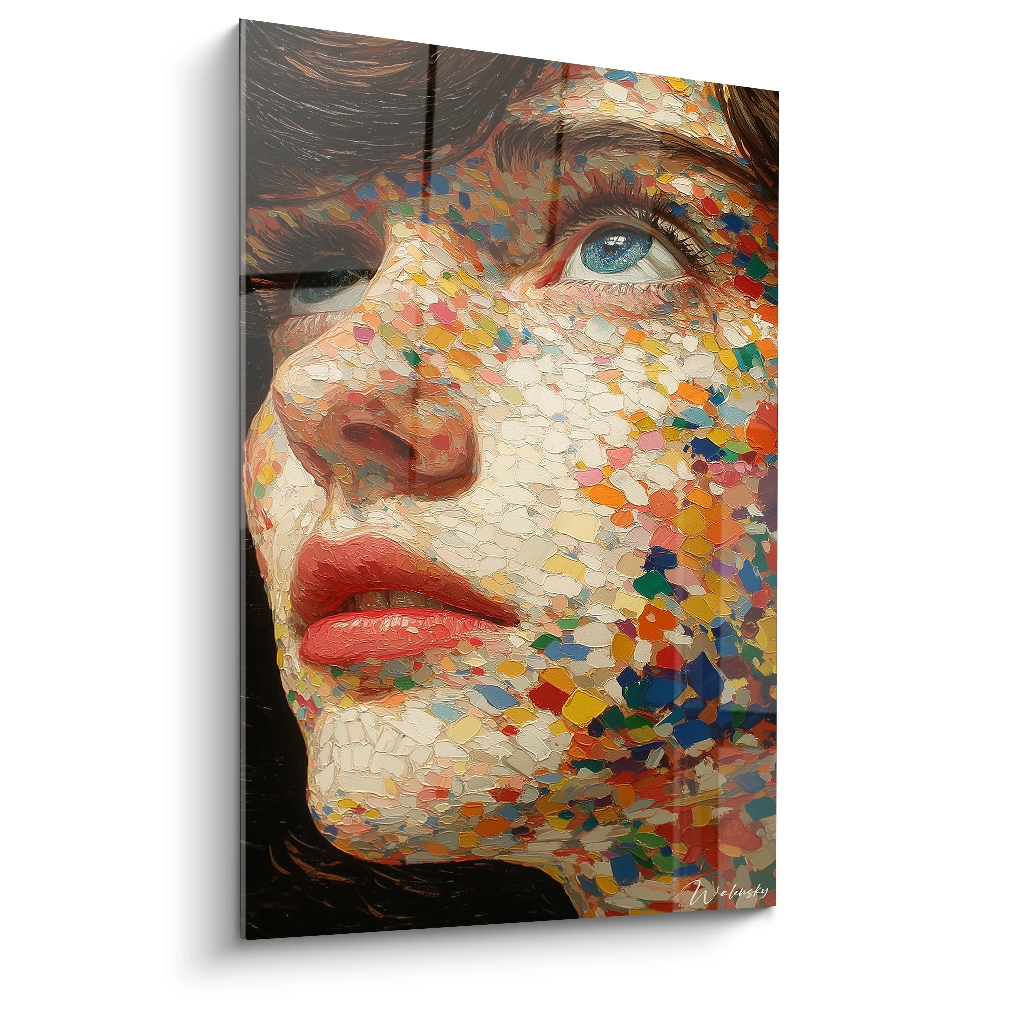 tableau visage mosaïque colorée Walensky grand format sur toile effet texturé pour décoration murale salon