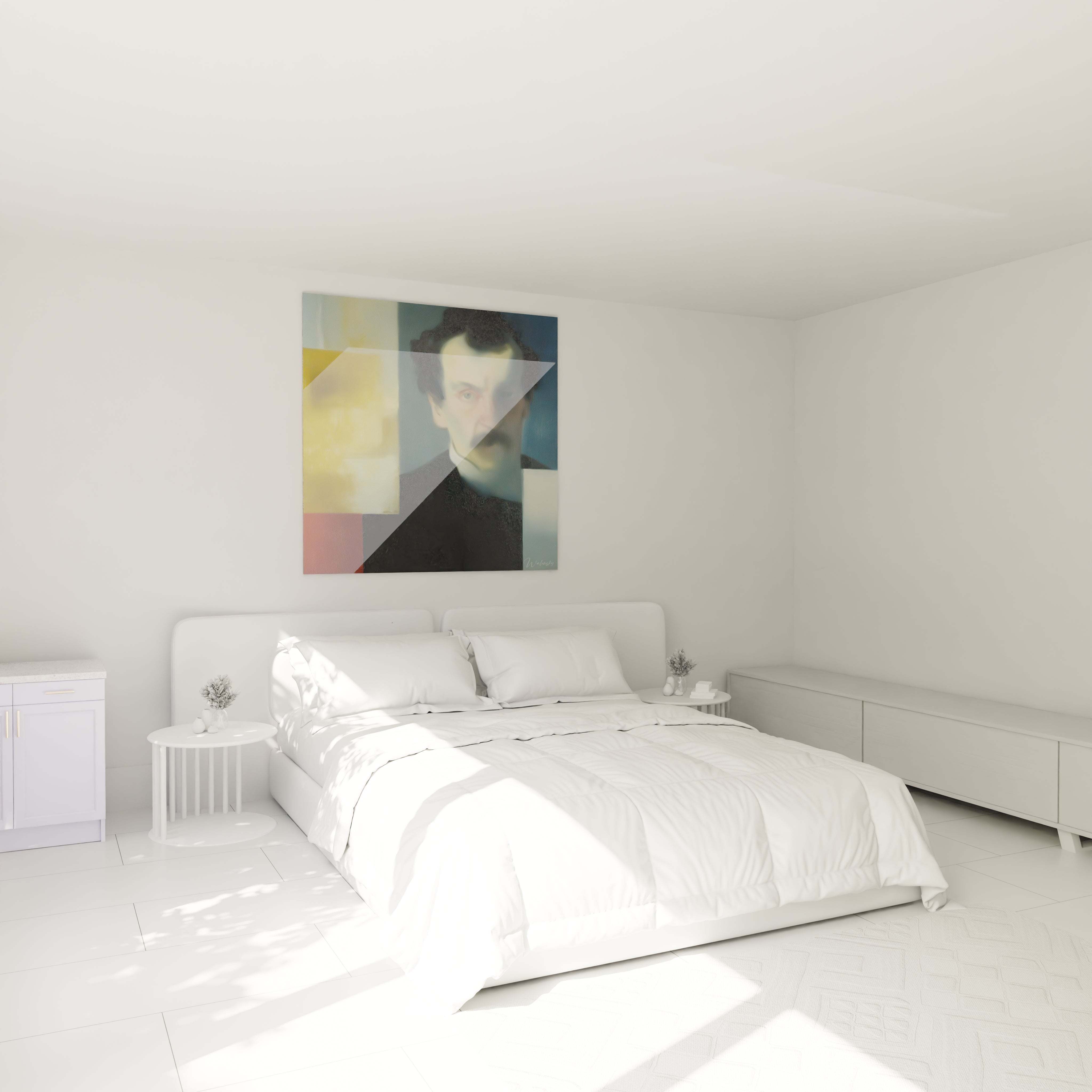 tableau portrait flou dadaïsme Walensky accroché au dessus d un lit blanc dans une chambre minimaliste lumineuse