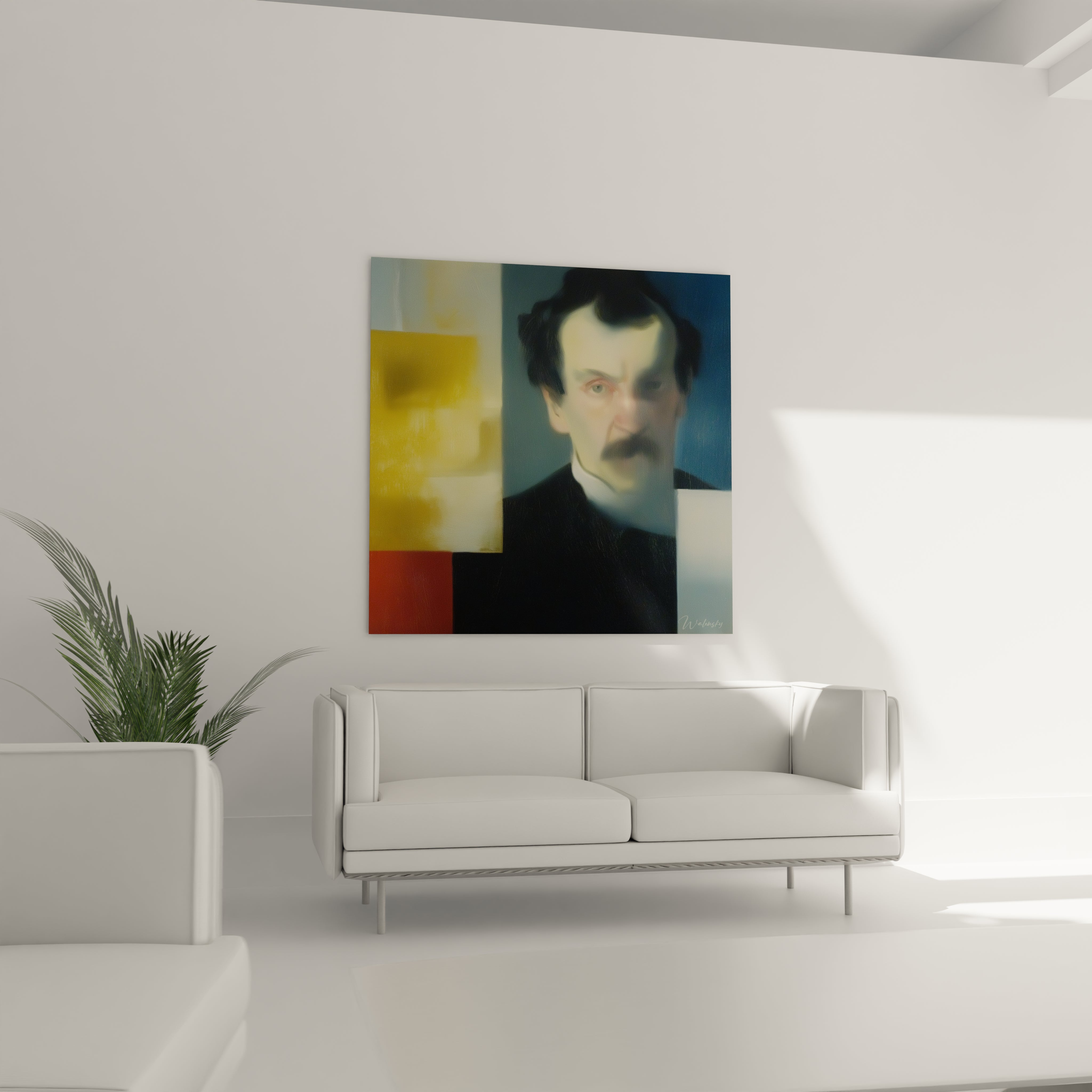 tableau portrait flou dadaïsme Walensky accroché au dessus d un canapé blanc dans un salon minimaliste