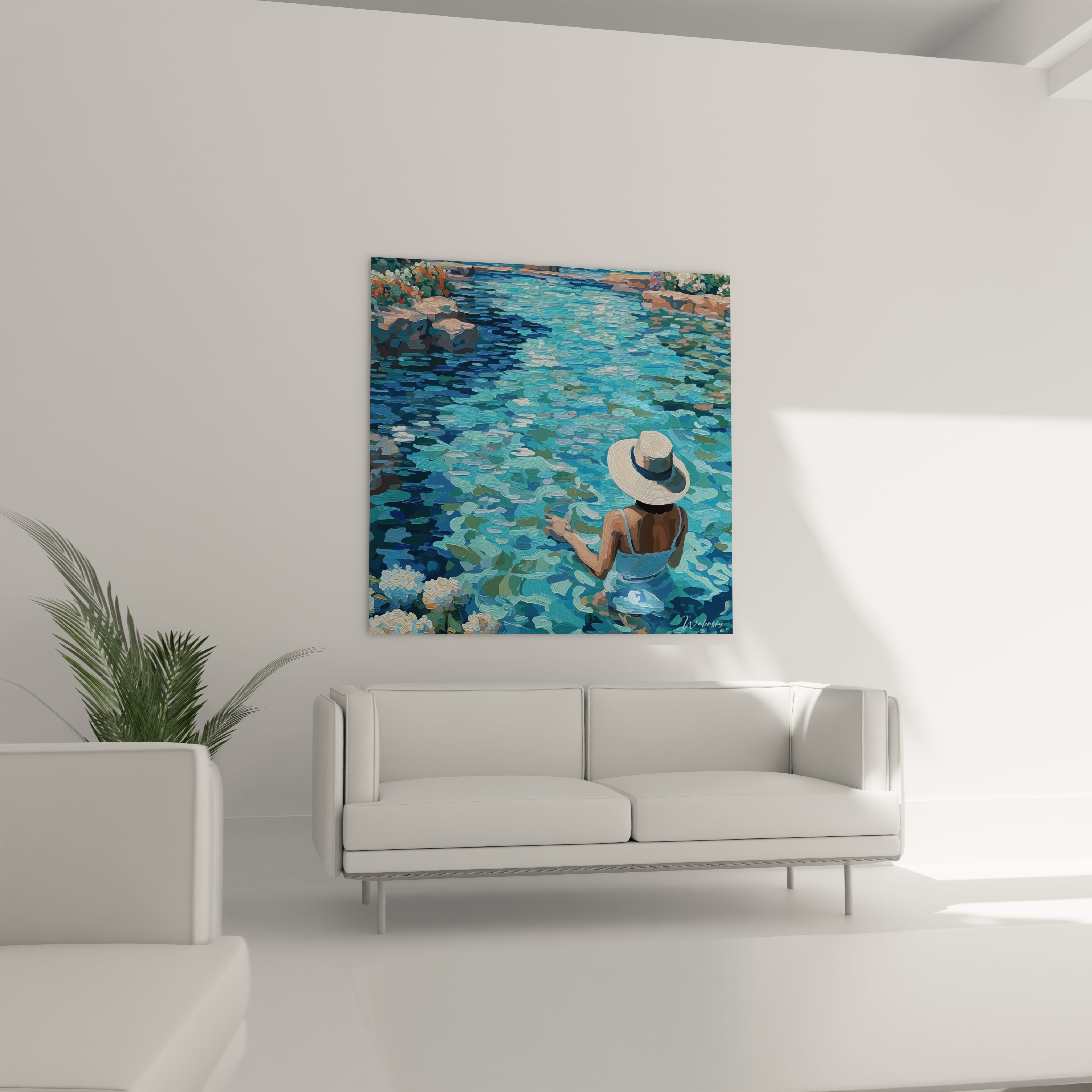 Tableau mural Walensky représentant une femme au bain coiffée d un chapeau sur eau turquoise tableau femme bain décor estival