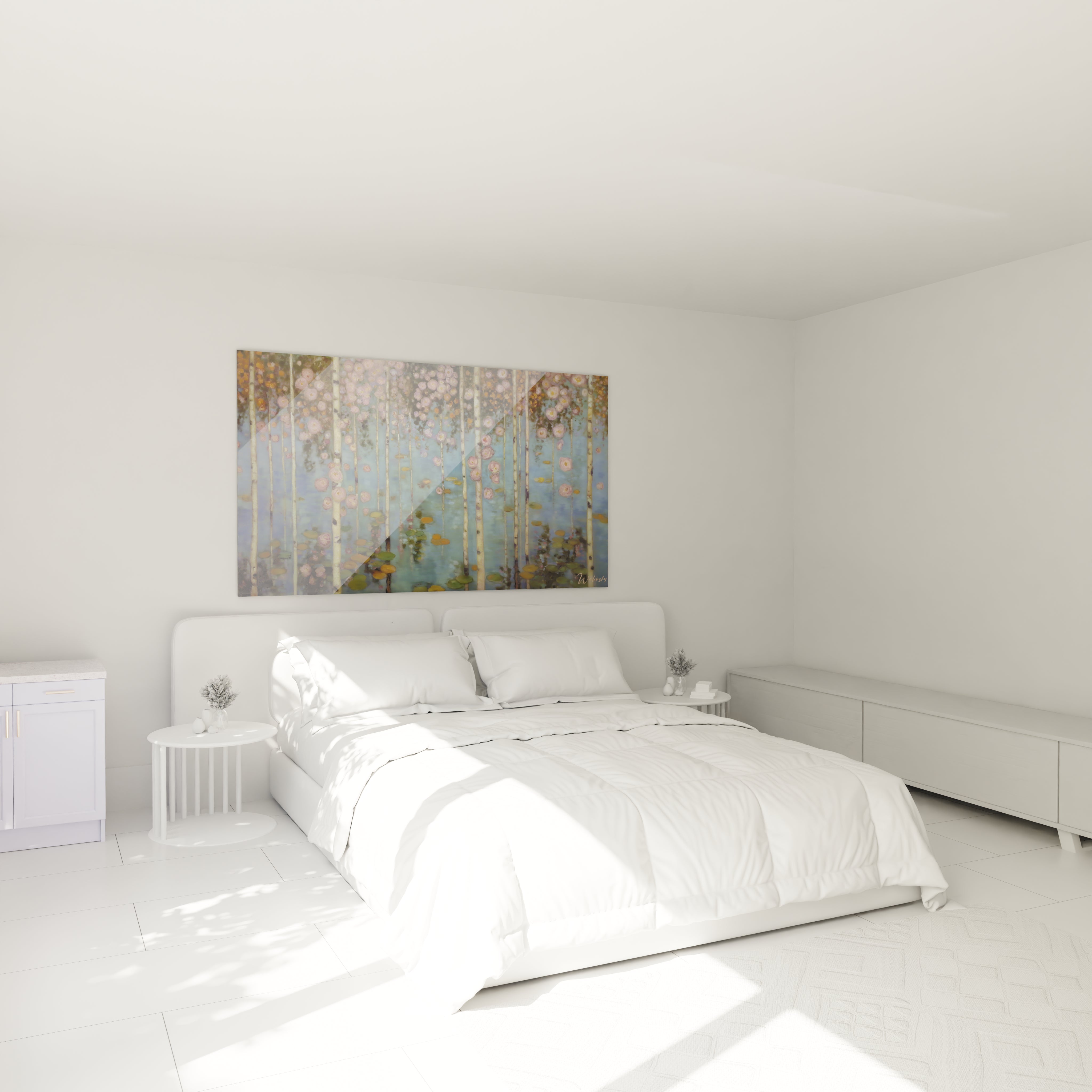 Tableau forêt perle flottante Walensky au dessus d'un lit blanc dans une chambre lumineuse minimaliste