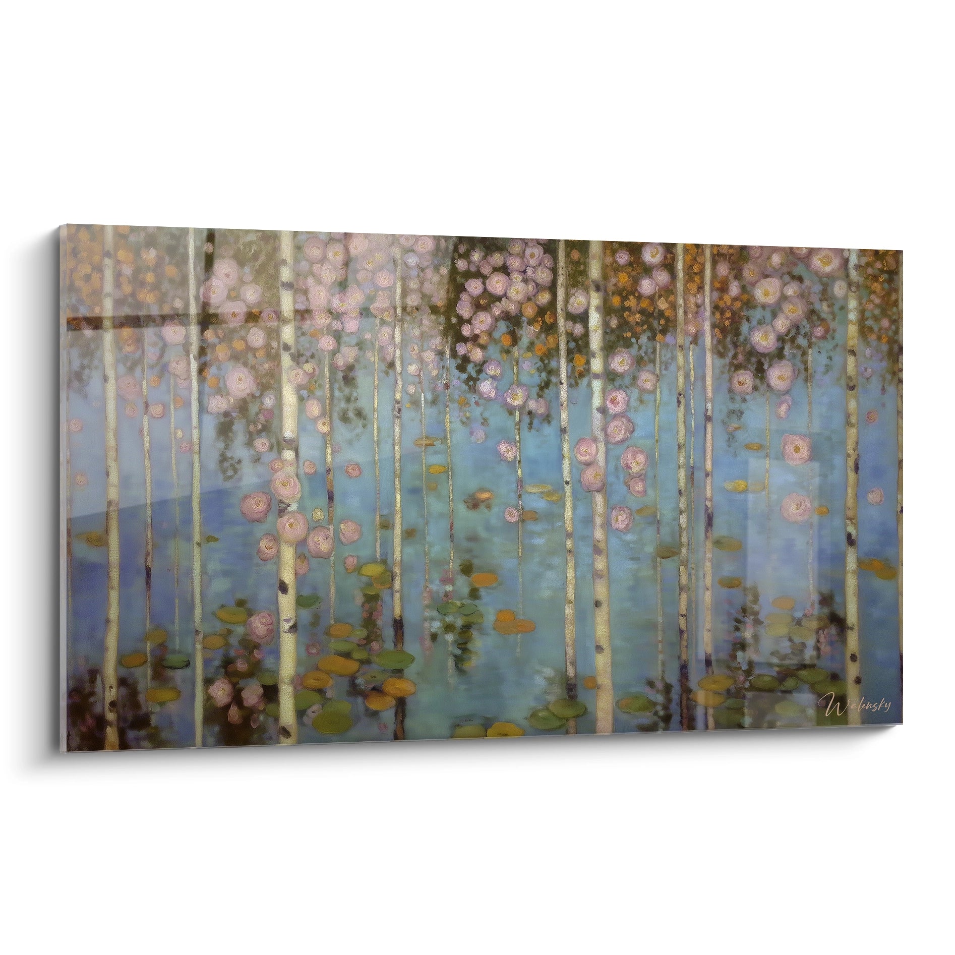 Tableau mural Walensky paysage onirique de bouleaux et nénuphars avec fleurs roses tableau forêt perle flottante