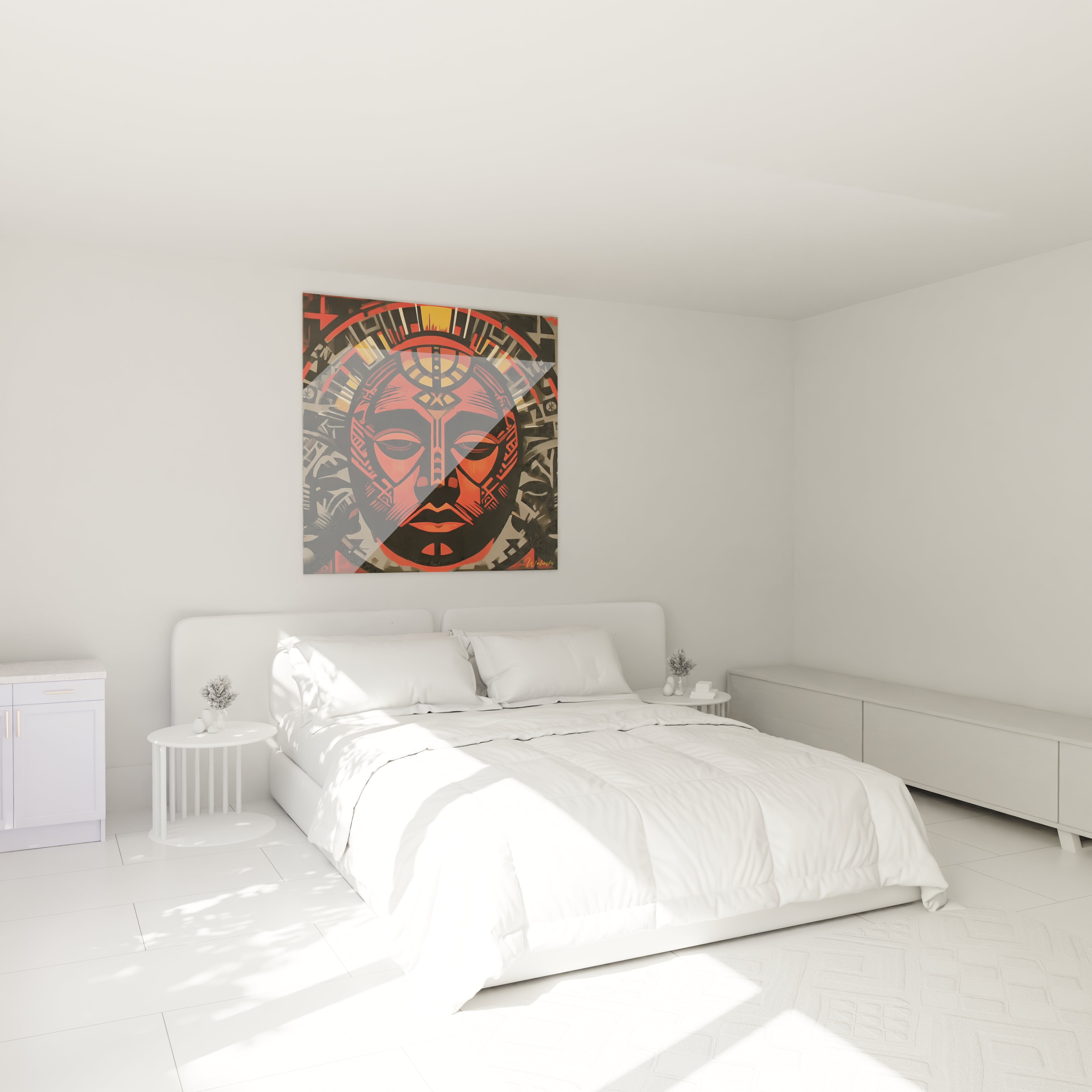 Tableau mural Walensky affichant un tableau masque tribal coloré au dessus d un lit king size dans une chambre minimaliste