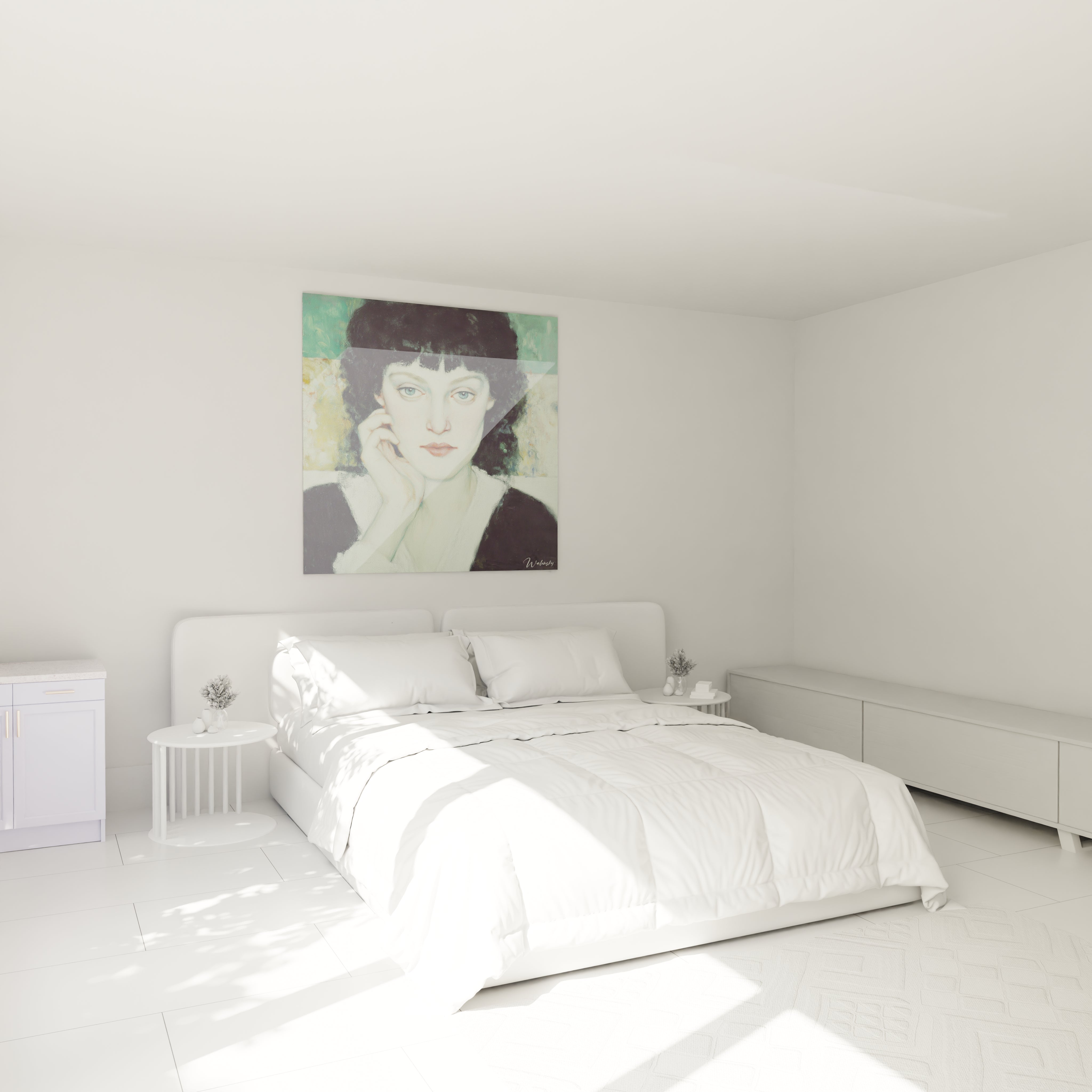 tableau portrait symboliste de femme vert accroché au dessus d'un lit blanc minimaliste lumineux