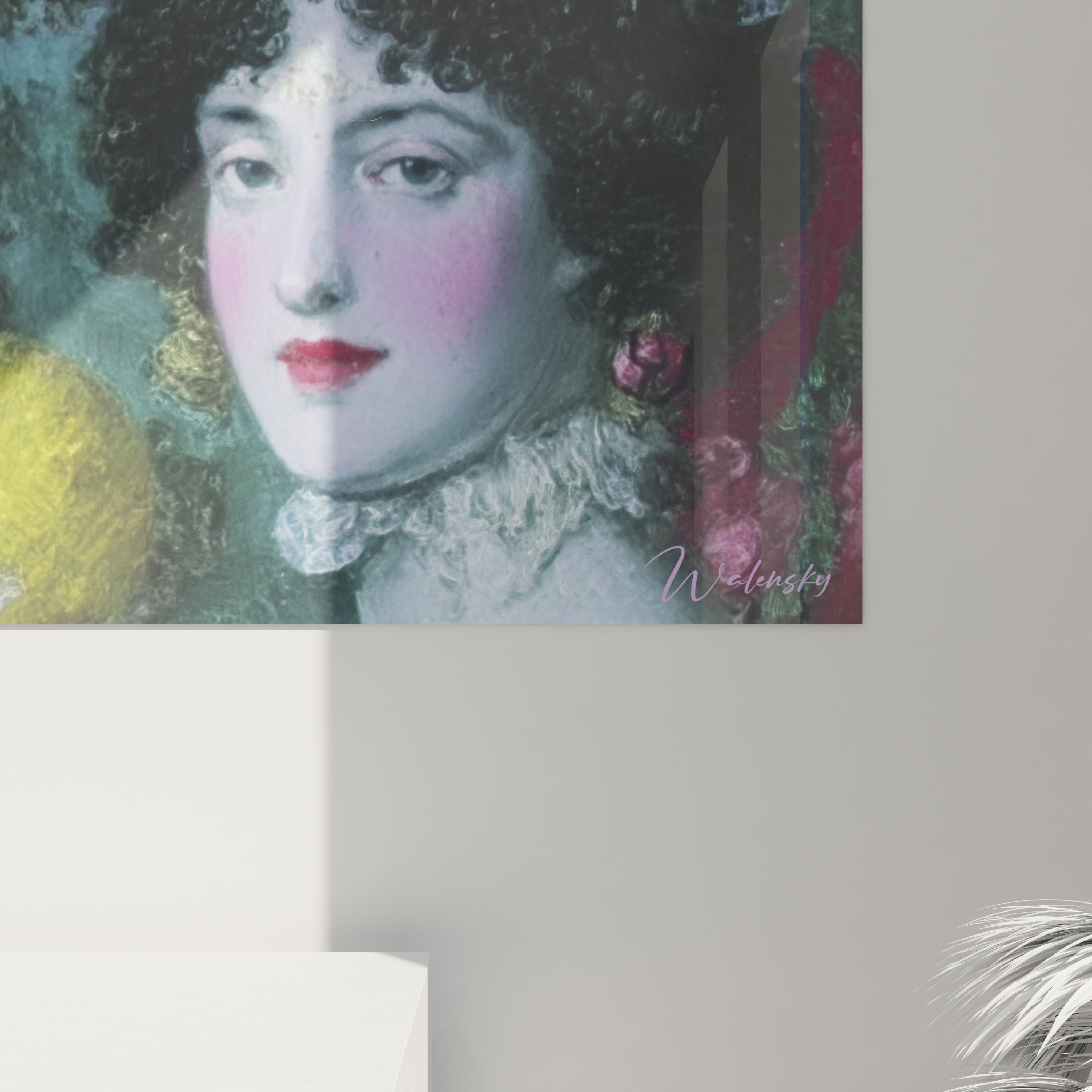 Tableau mural Walensky représentant visage de muse préraphaélite aux tons pastel et fleurs, tableau préraphaélite femmes