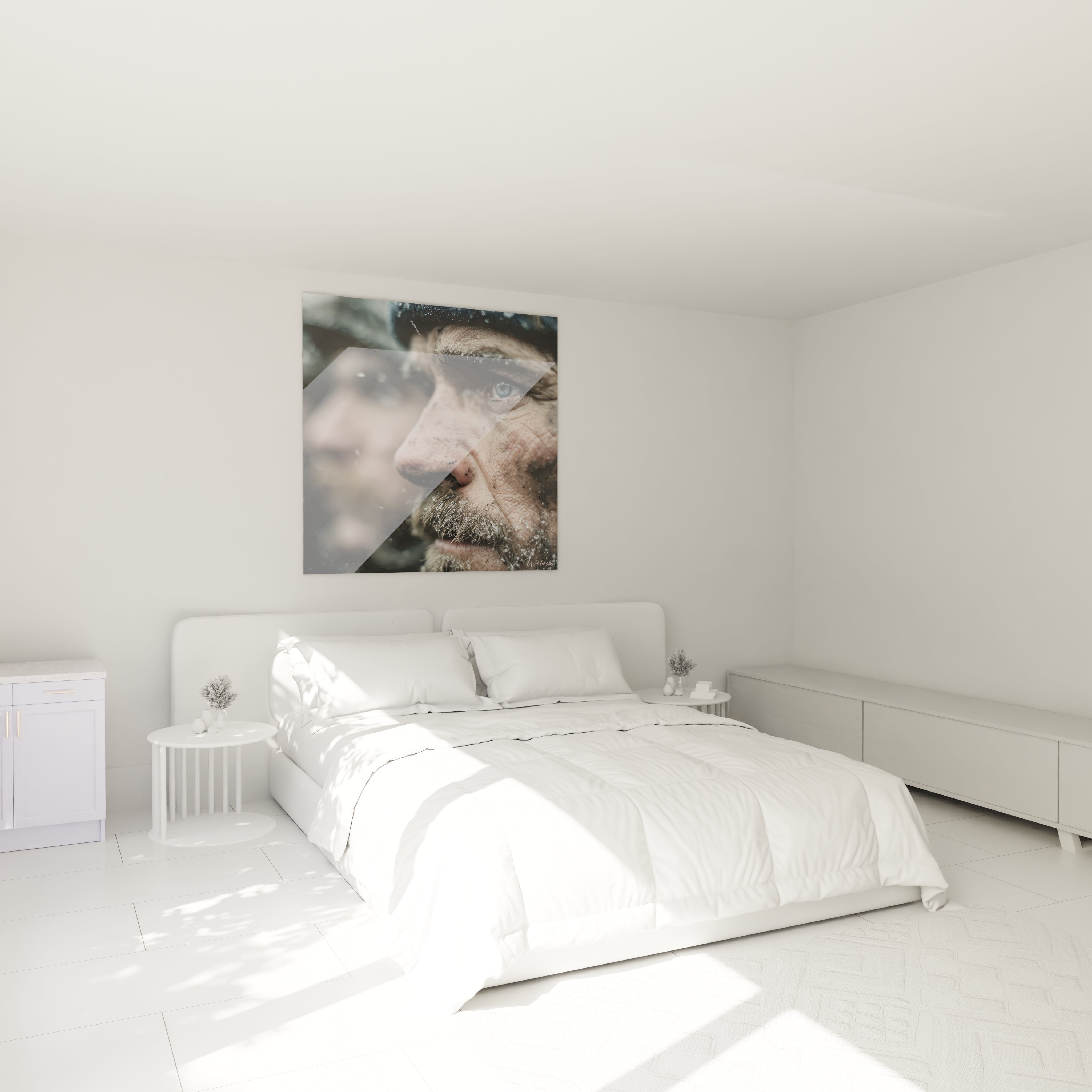 tableau soldat Première Guerre mondiale mural Walensky accroché au dessus d un lit dans une chambre blanche minimaliste