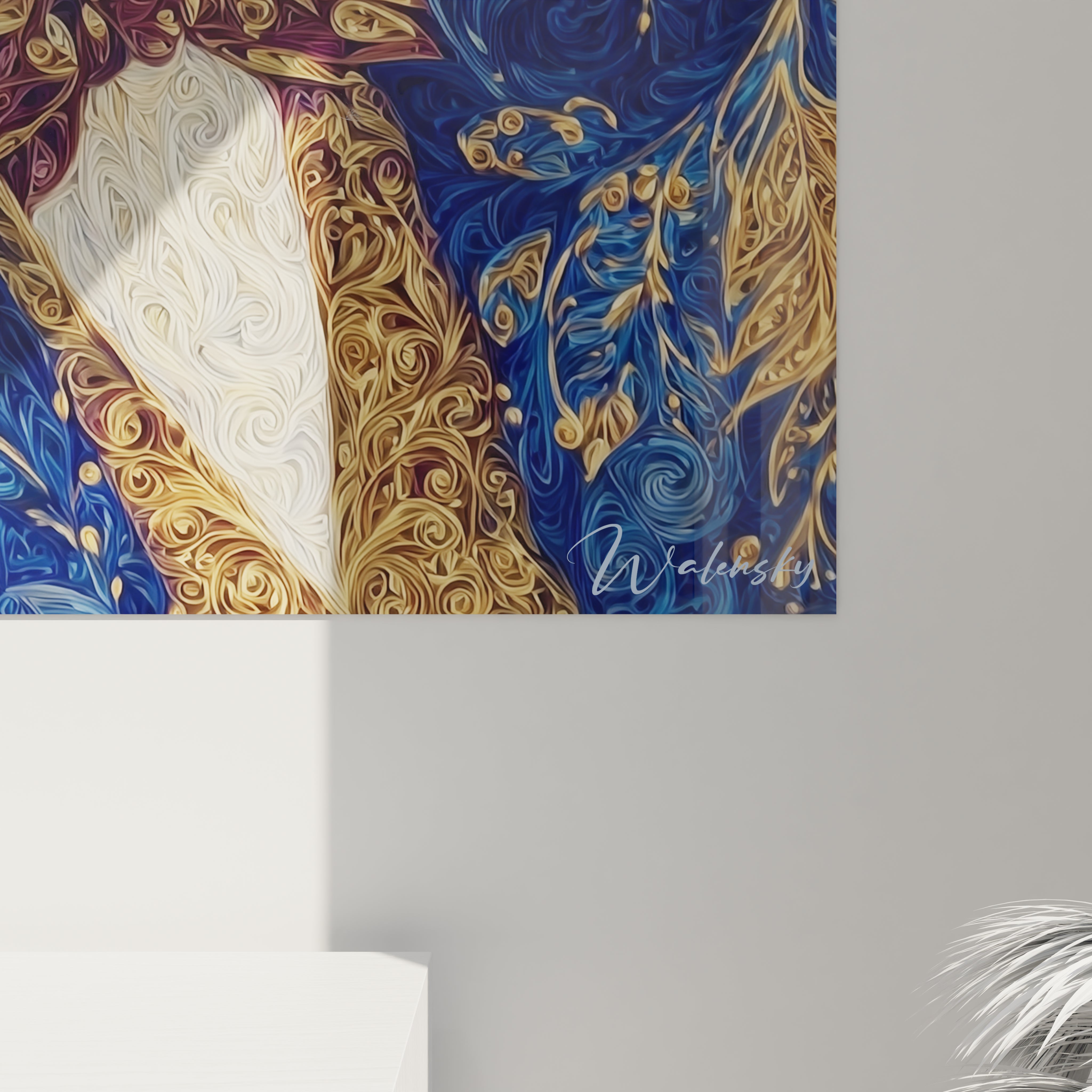 Tableau mural Walensky detail portrait stylise bleu et or motifs tourbillons signature tableau Winston Churchill contemporain