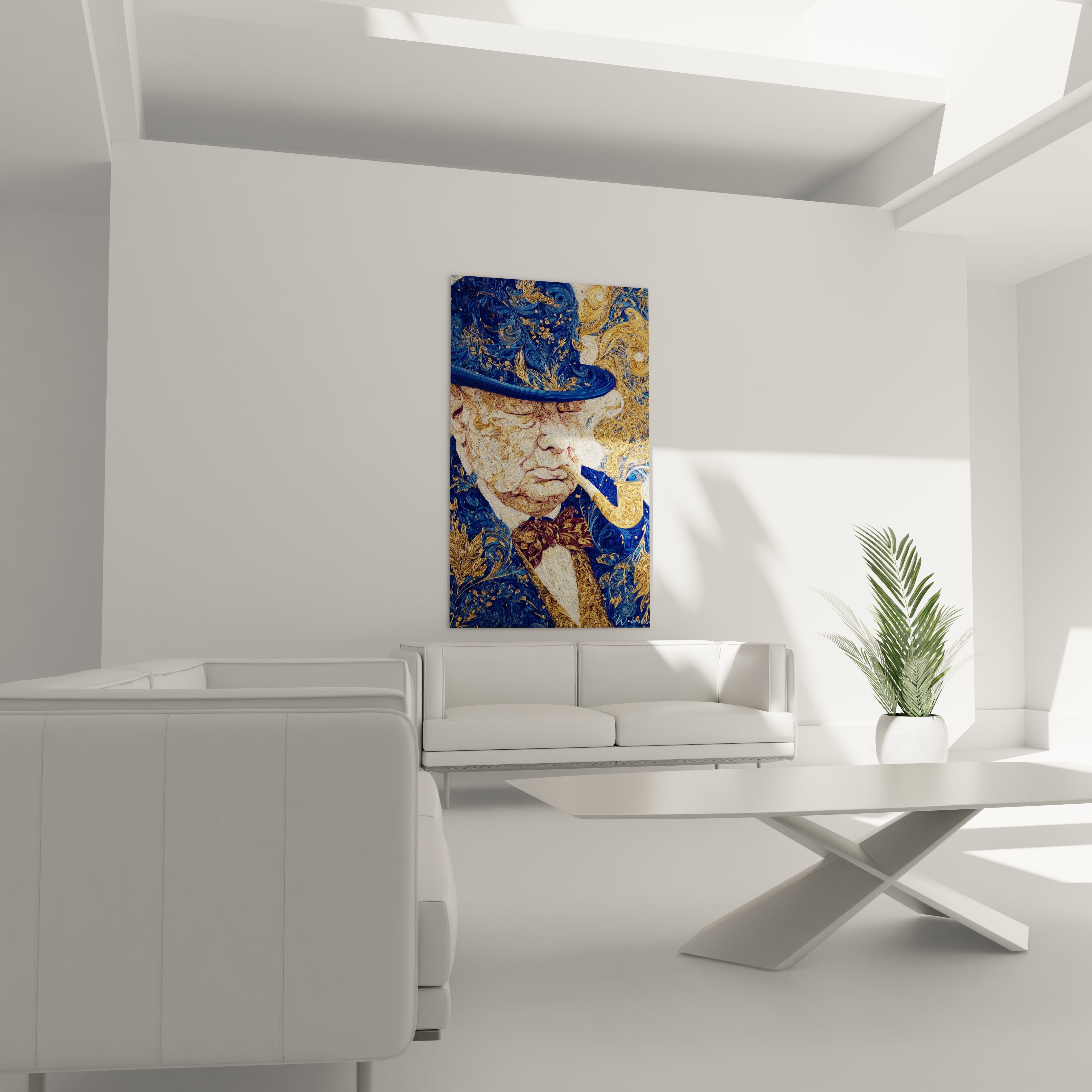tableau Winston Churchill contemporain Walensky portrait abstrait bleu et or pour deco murale salon moderne