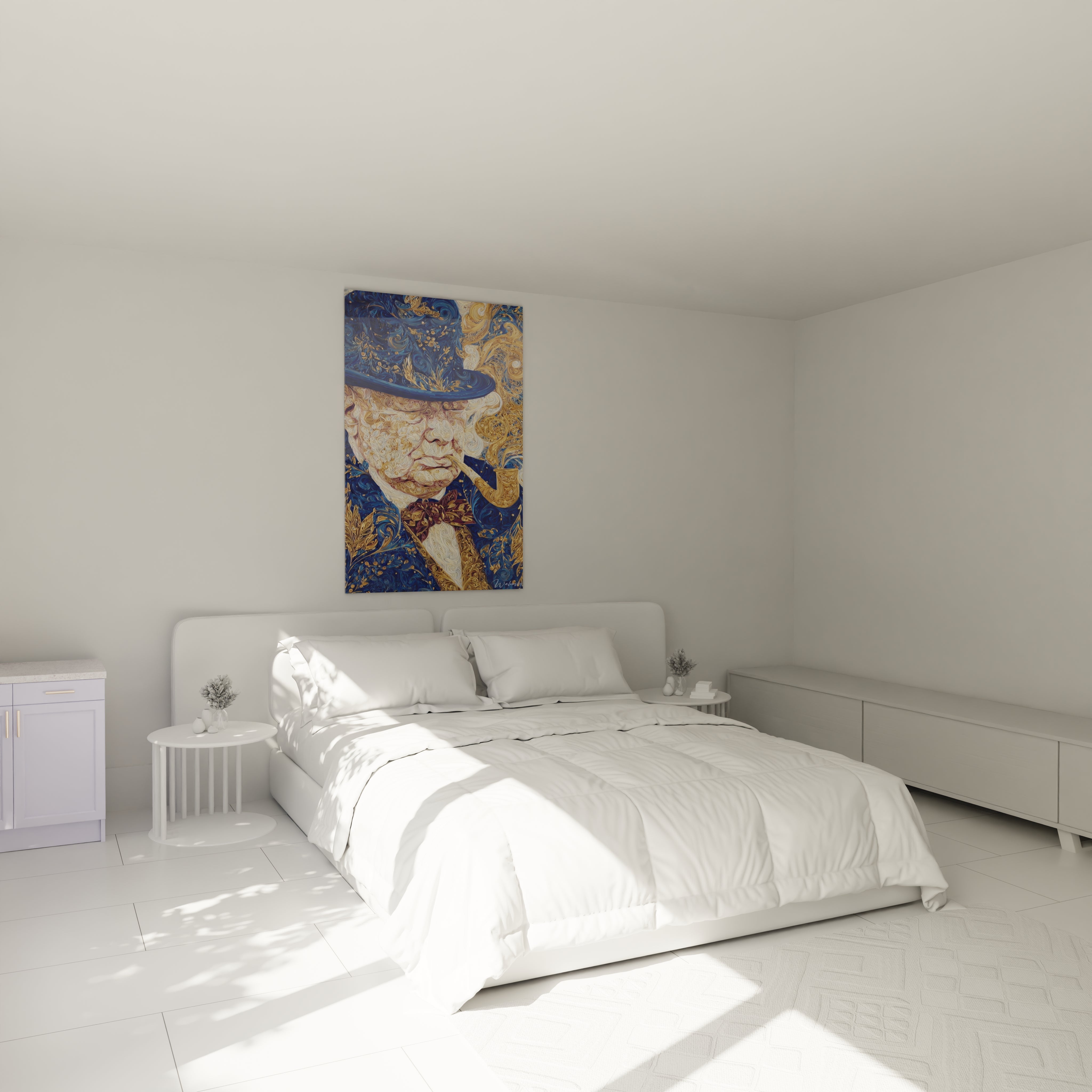 Chambre minimaliste avec lit blanc et tableau Winston Churchill contemporain Walensky aux tons bleus et or