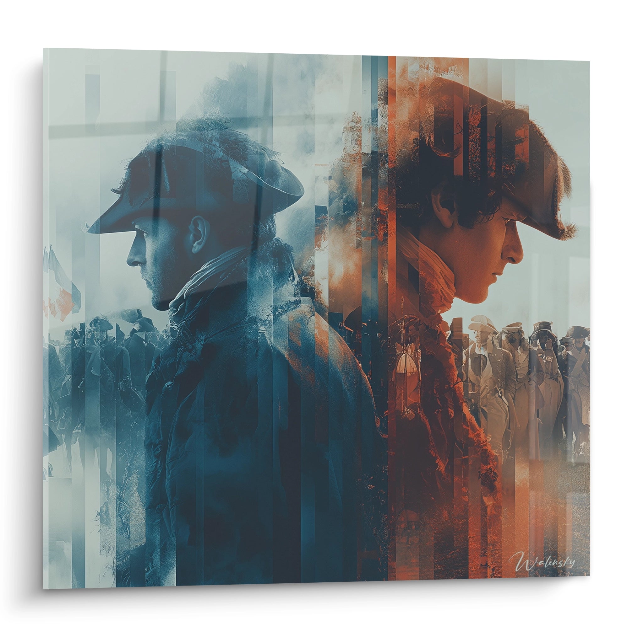 Walensky tableau Napoléon révolution française double portrait profil dos a dos tons bleu et orange soldats en arrière