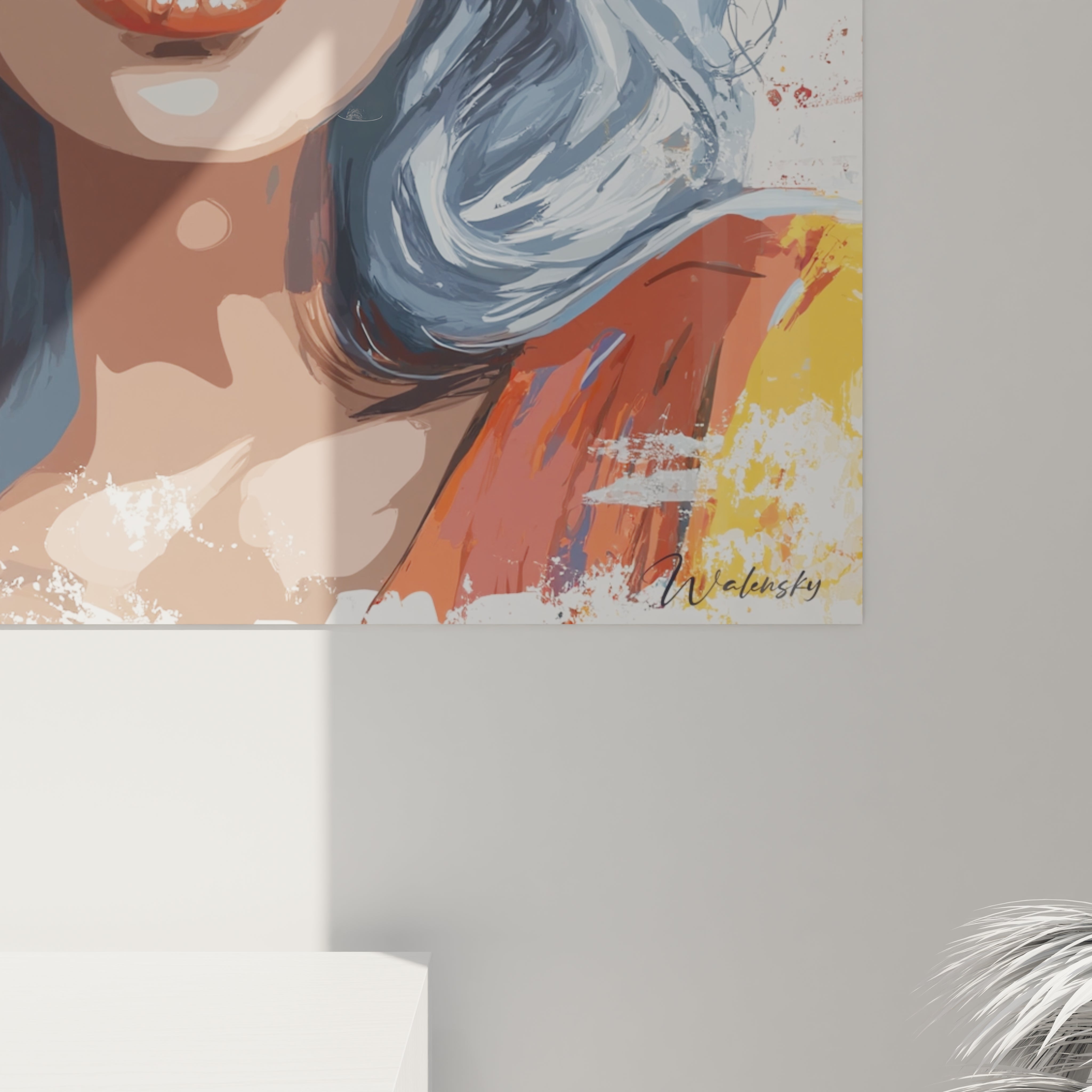 tableau femme moderne Walensky gros plan visage peint cheveux bleus touches de couleur et signature