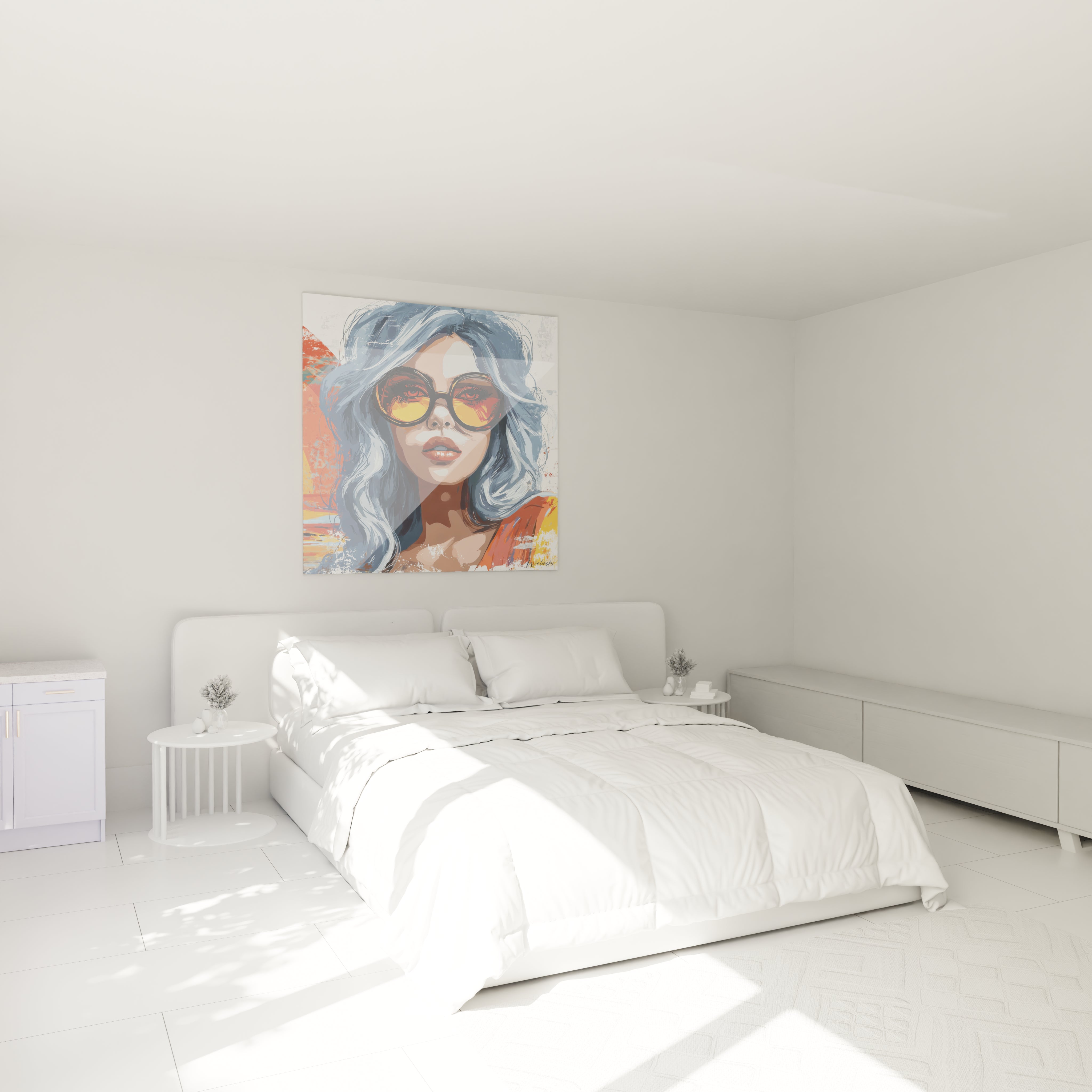 tableau femme moderne Walensky portrait coloré d une femme aux lunettes sur mur de chambre blanche minimaliste