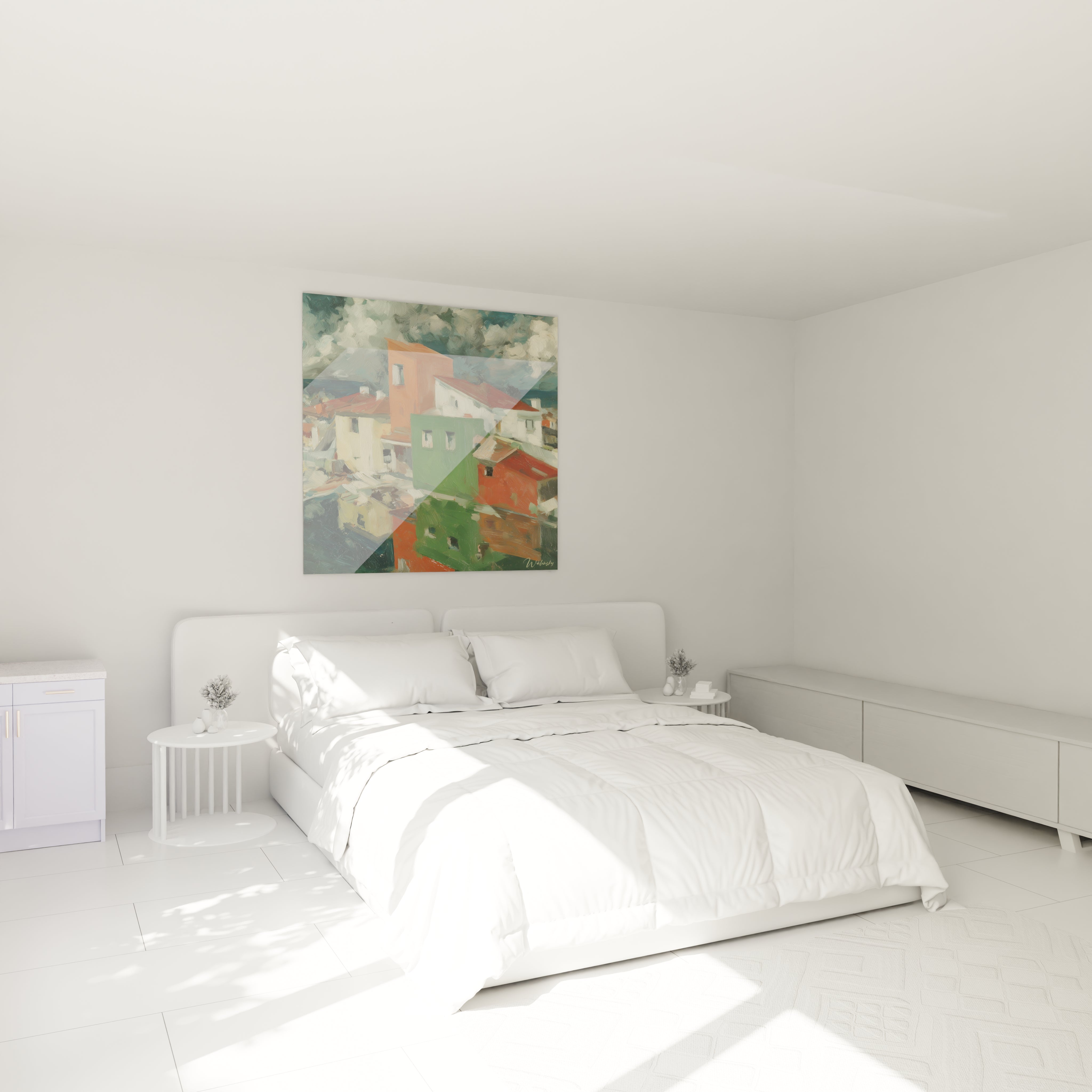 tableau mural village dadaïsme de Walensky accroché au dessus du lit blanc dans chambre minimaliste