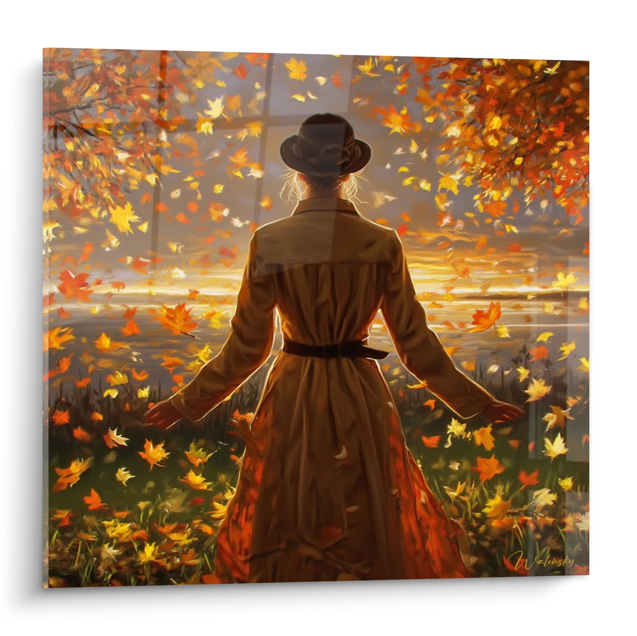Walensky tableau femme automne mural représentant une femme de dos en trench et chapeau parmi des feuilles automnales au coucher