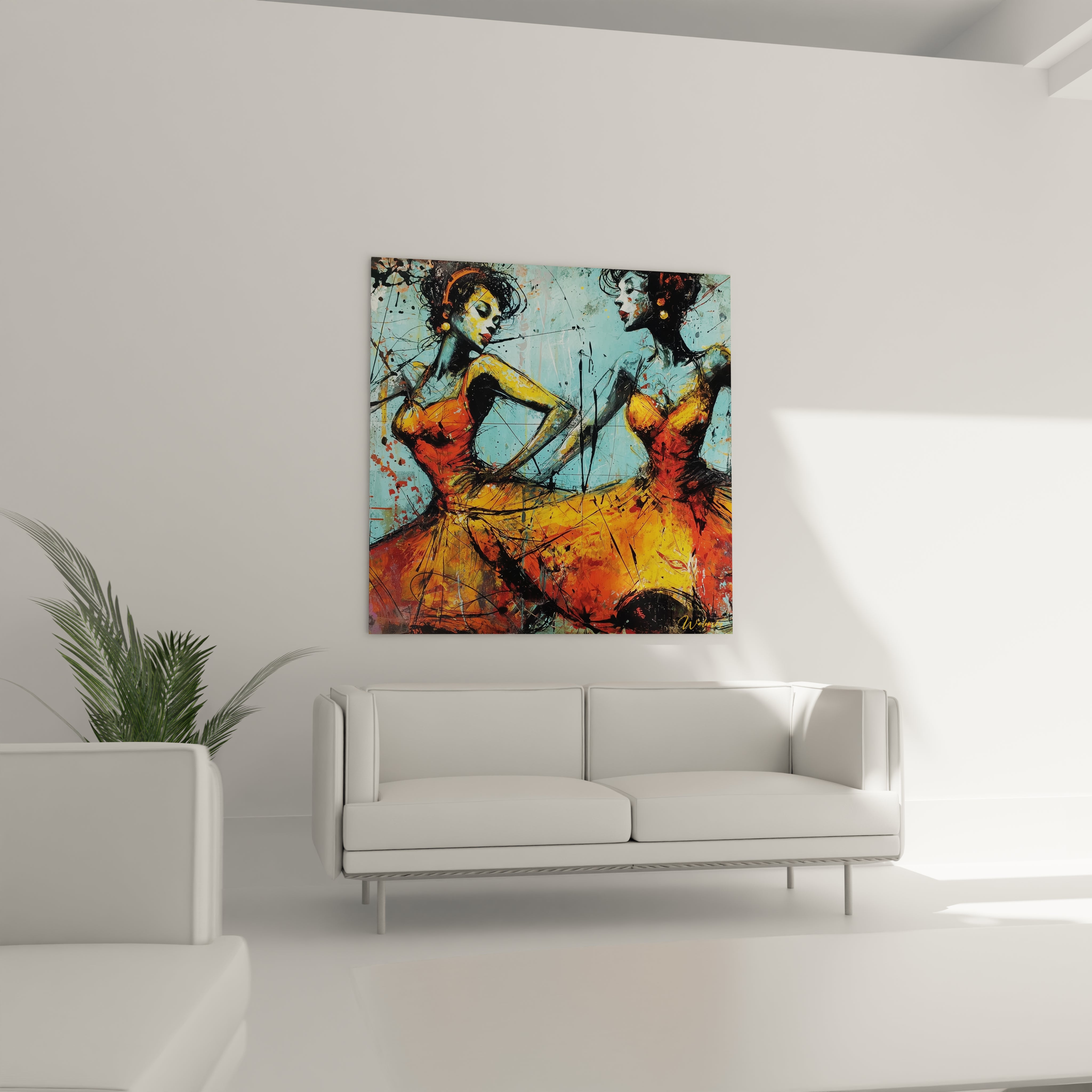 Tableau mural Walensky tableau danse africaine moderne deux danseuses abstraites en robes orange sur fond turquoise