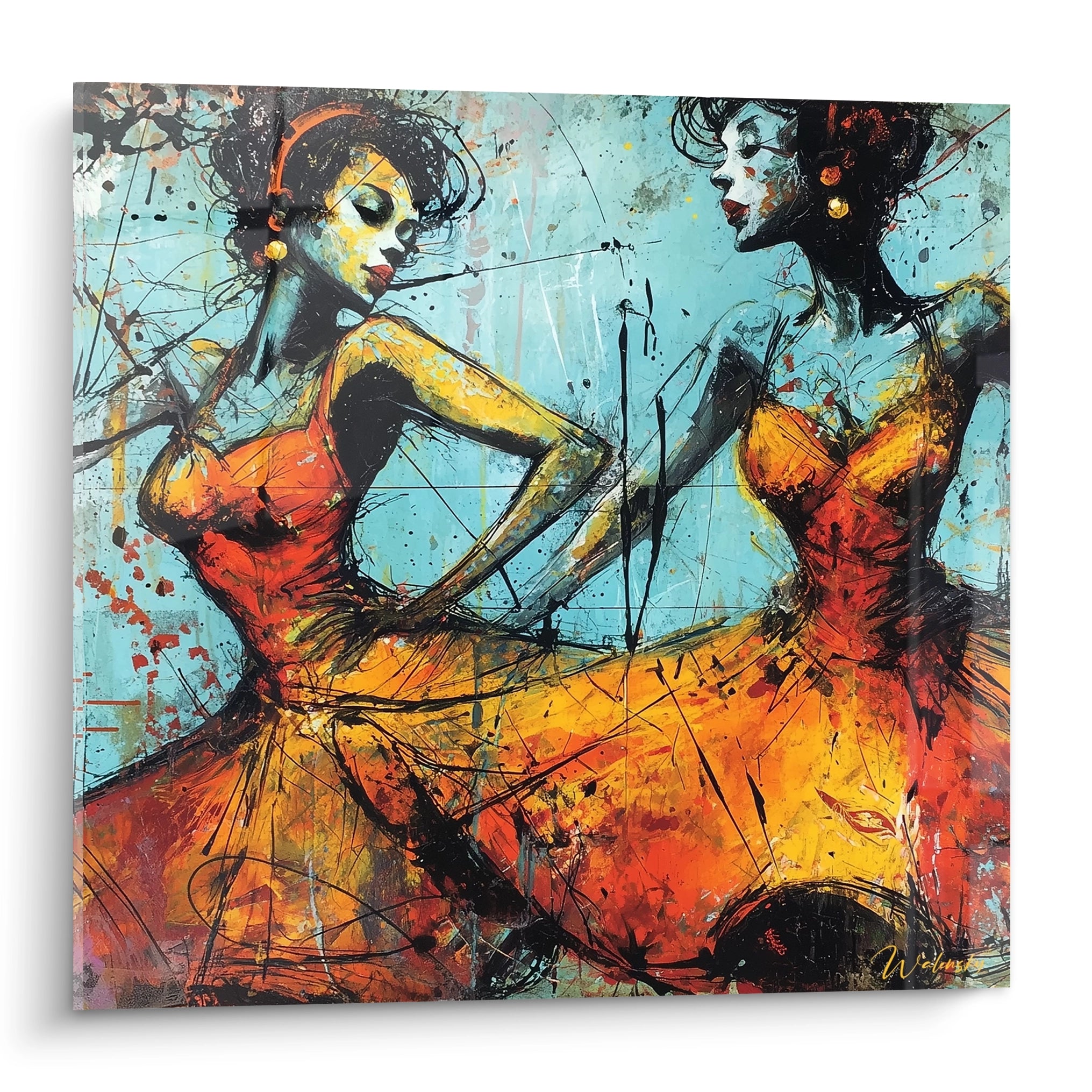 Walensky tableau mural avec deux danseuses en robe orange sur fond bleu peinture expressive tableau danse africaine moderne