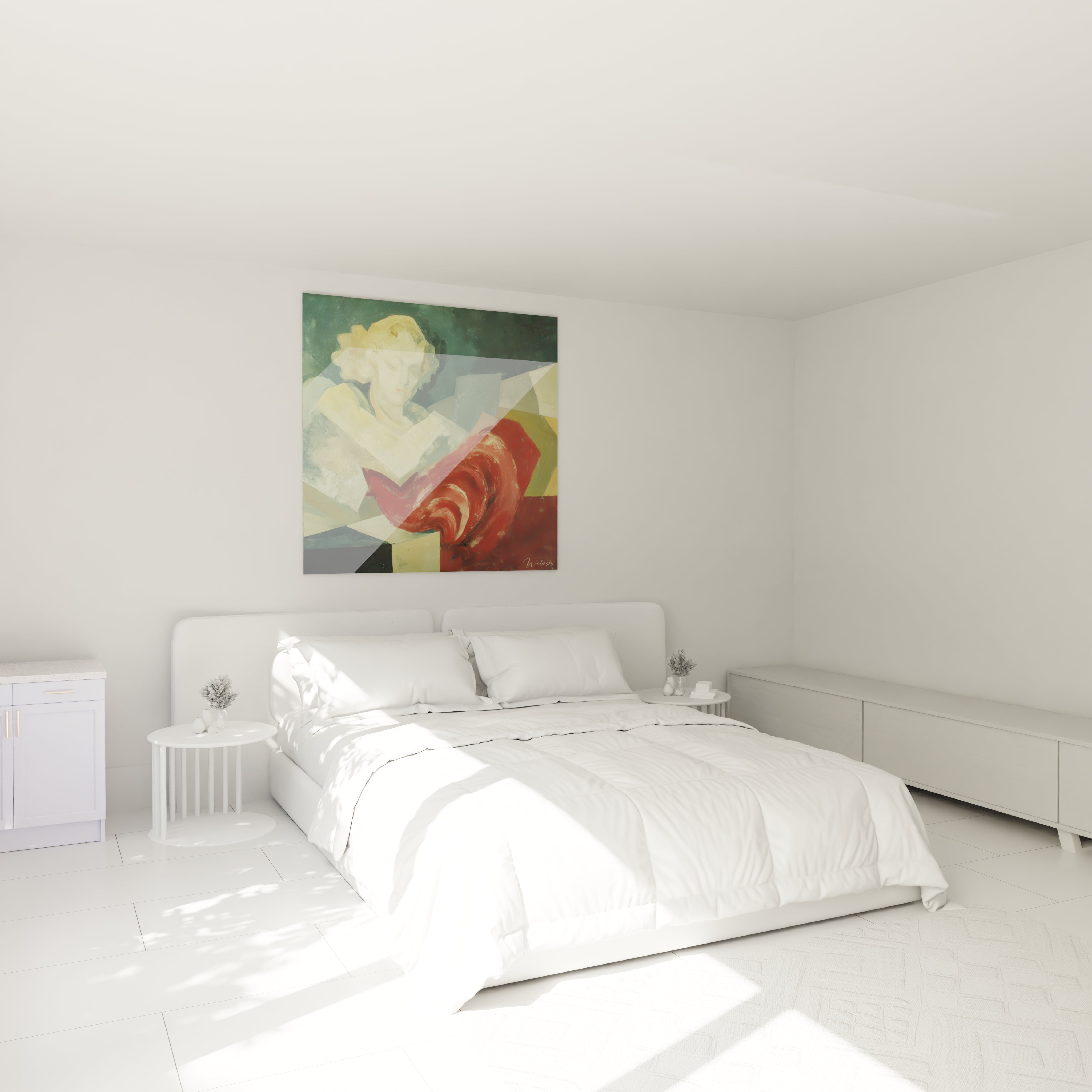 tableau femme dadaïsme Walensky au dessus d un lit blanc dans une chambre minimaliste lumineuse