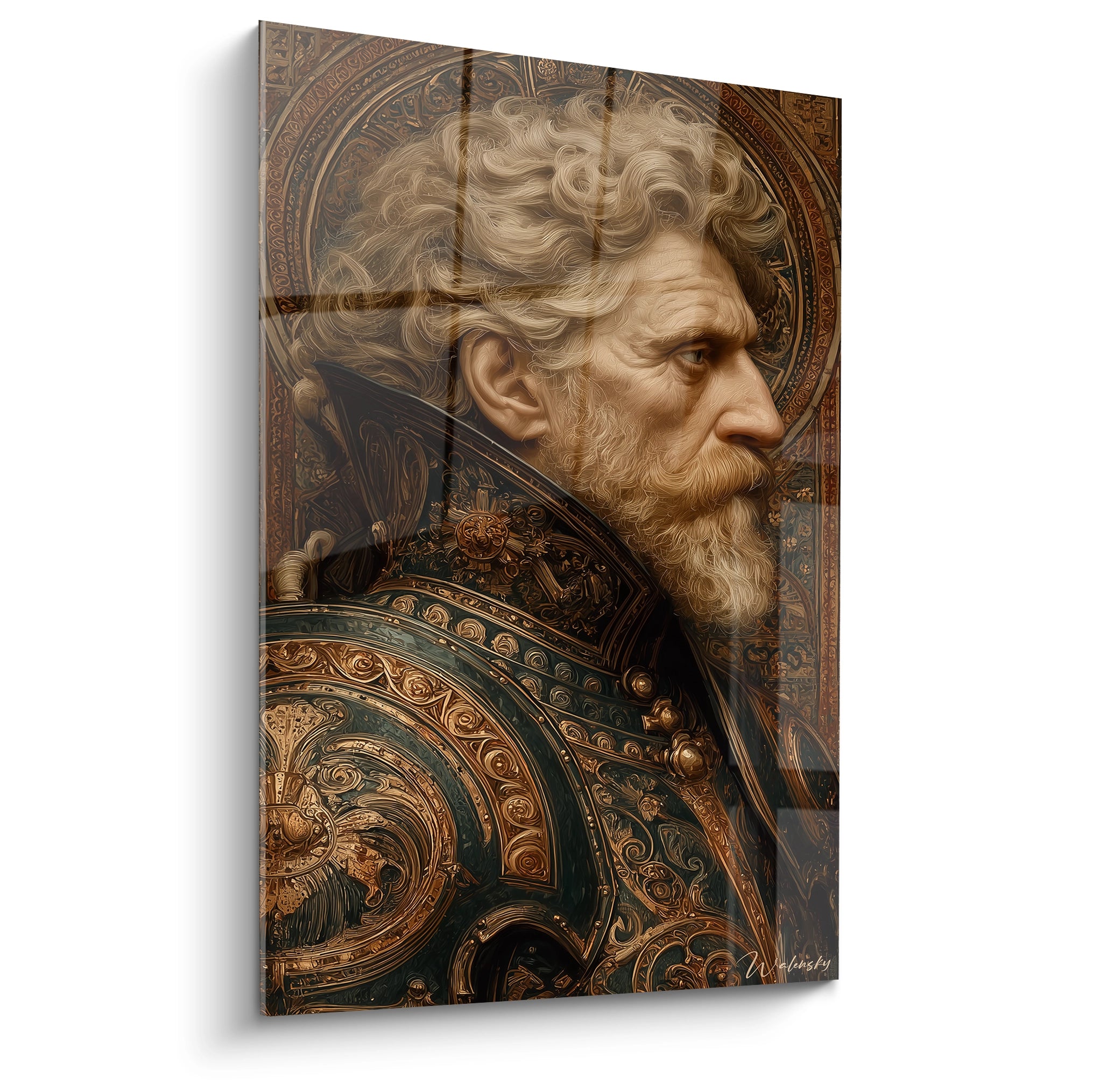 tableau guerrier profil noble Walensky tableau mural un vieux soldat barbu en armure ornée dorée