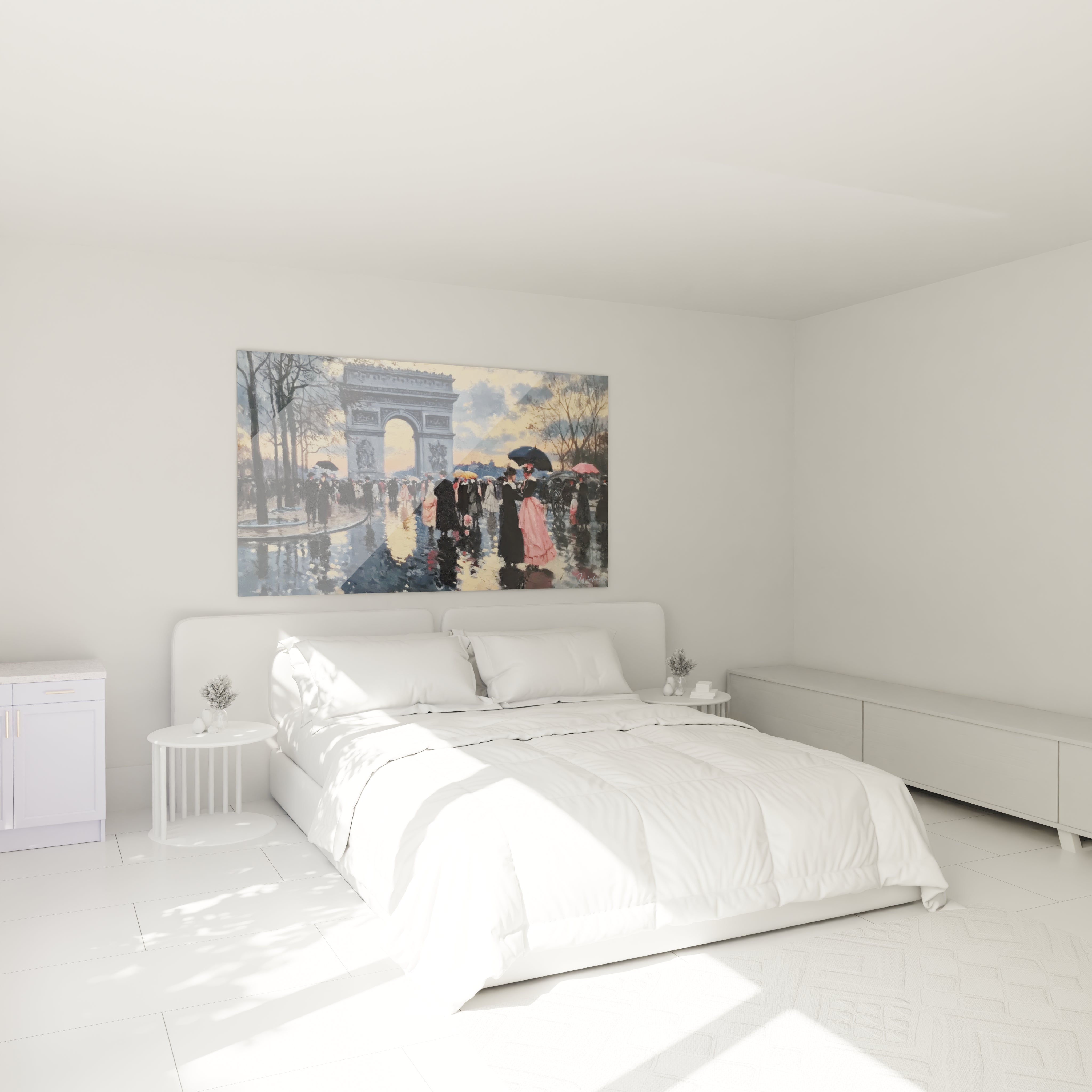 tableau Arc de Triomphe art mural Walensky accroché au-dessus d'un lit blanc minimaliste dans une chambre lumineuse et épurée