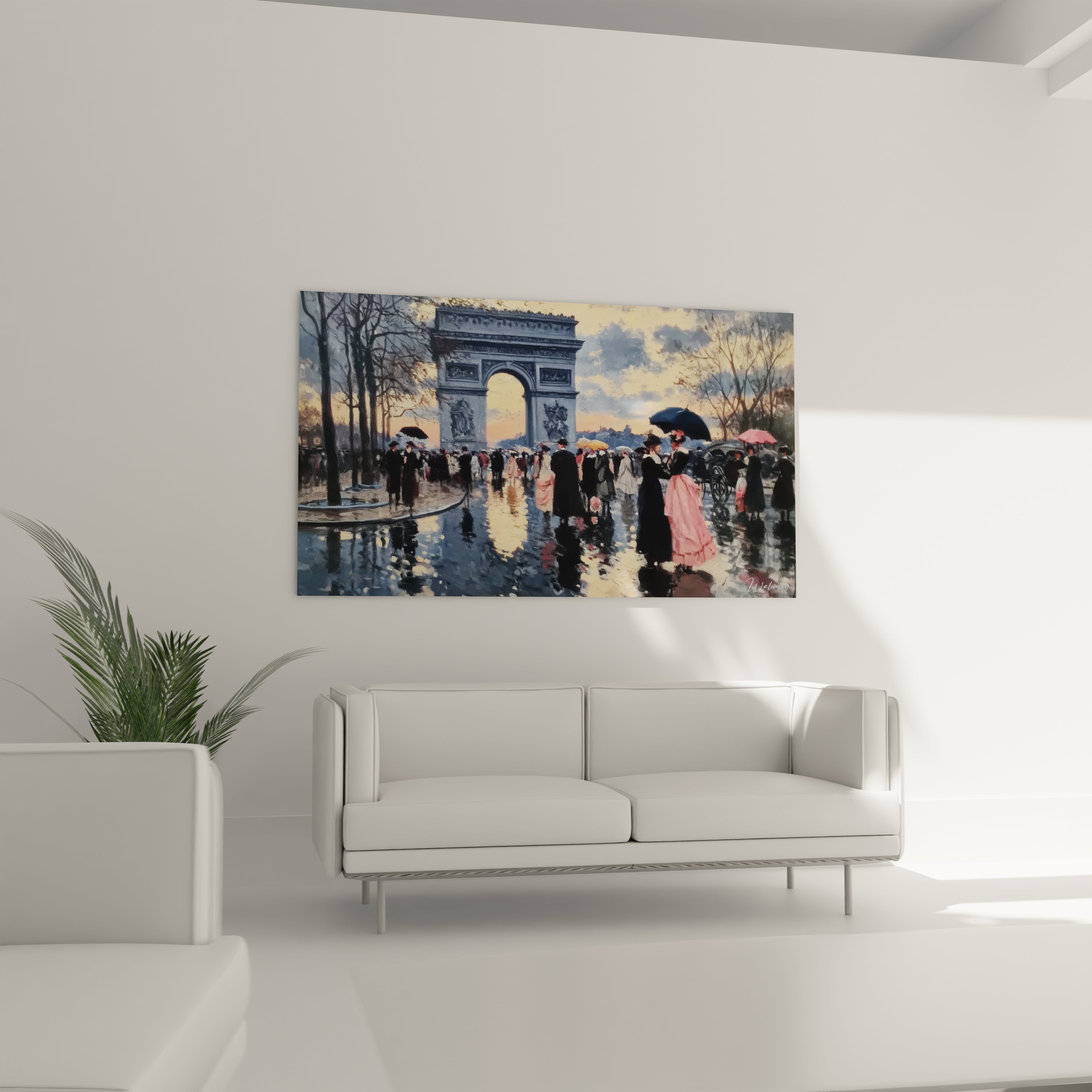 tableau Arc de Triomphe art mural Walensky peinture parisienne sous la pluie avec réflexions