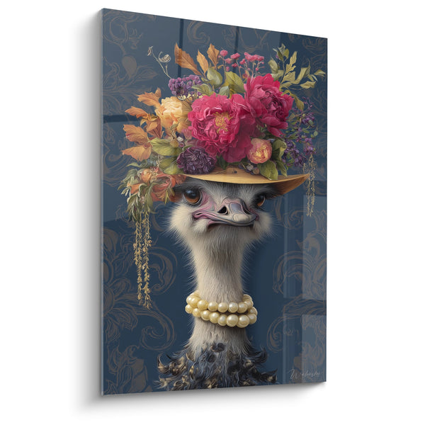 Aristocrat Ostrich Artwork with Floral Hat and Pearl Necklace on Blue Background - Whimsical Elegance - Ostrich Edition