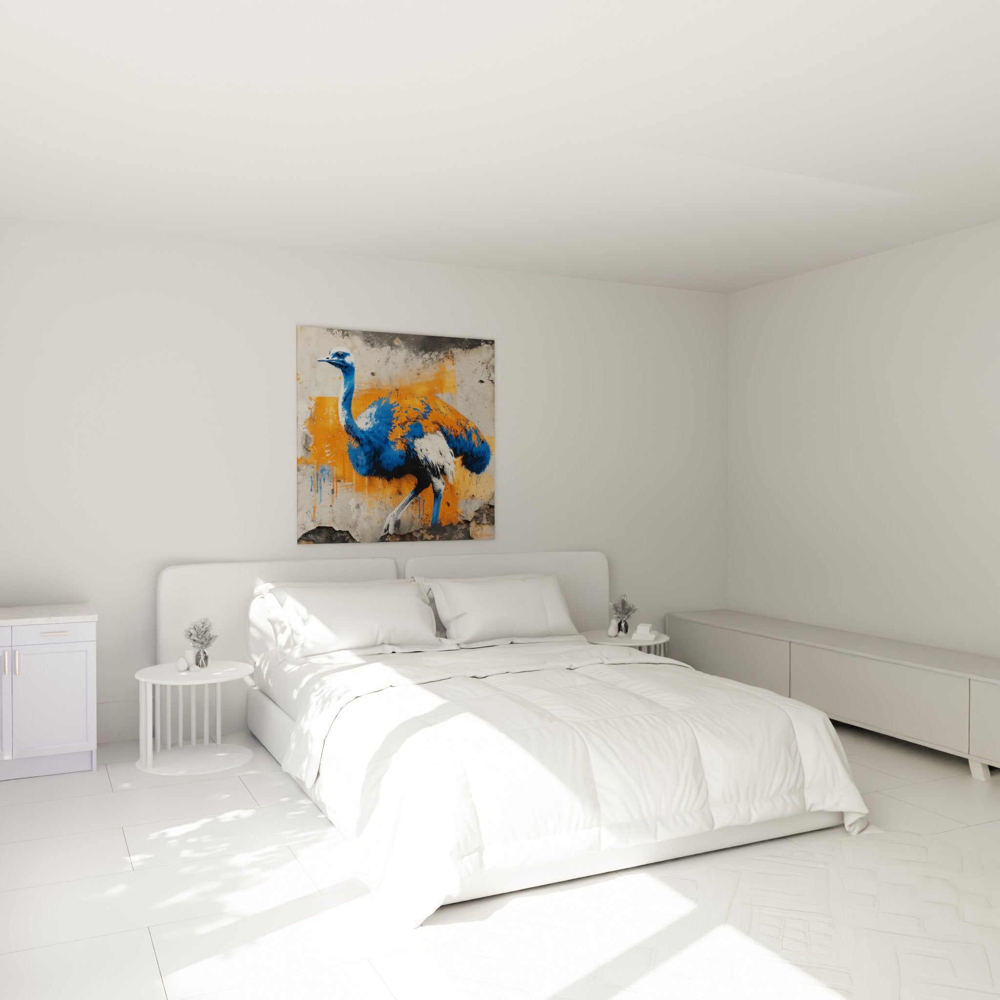 Autruche artistique bleue orange dans chambre moderne décoration murale contemporaine
