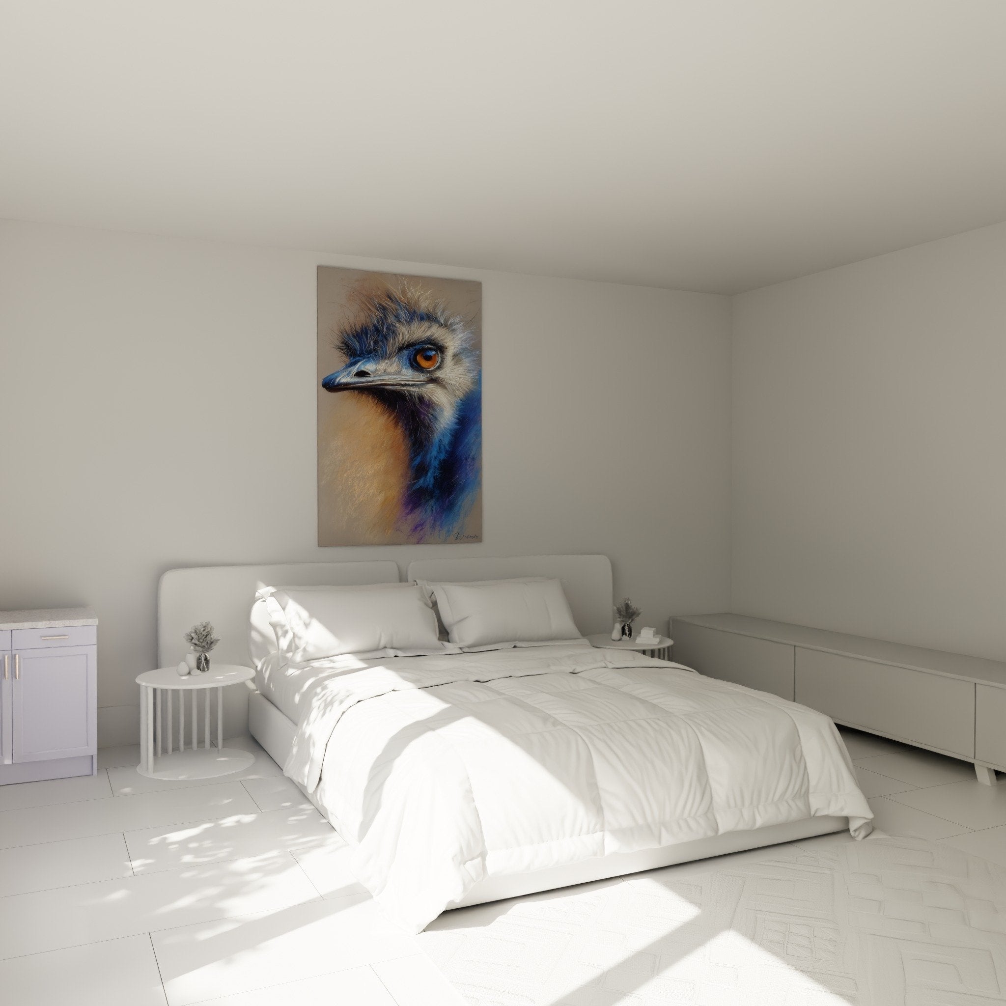 Tableau autruche bleue dore dans chambre moderne decoration murale elegante art animalier