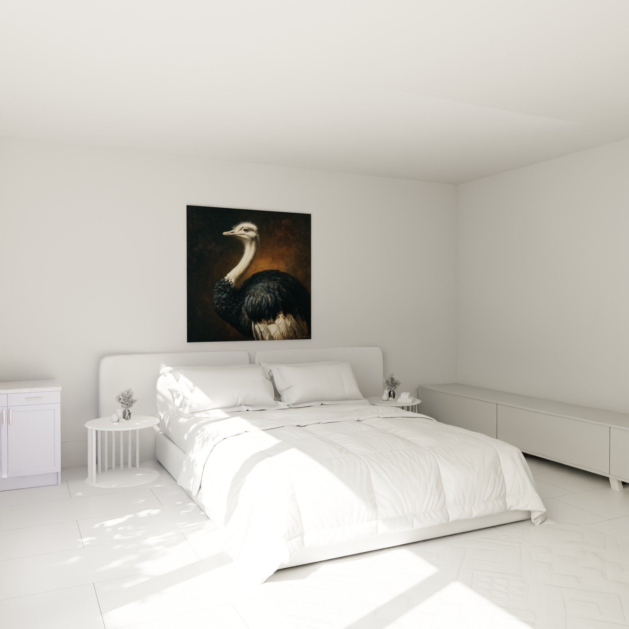 Tableau autruche elegant dans chambre moderne, plumes noires contrastant avec murs clairs et mobilier contemporain