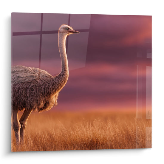 Schilderij Majestueuze Struisvogel in de Gouden Savanne bij Zonsondergang - Wilde Elegantie - Struisvogel Editie
