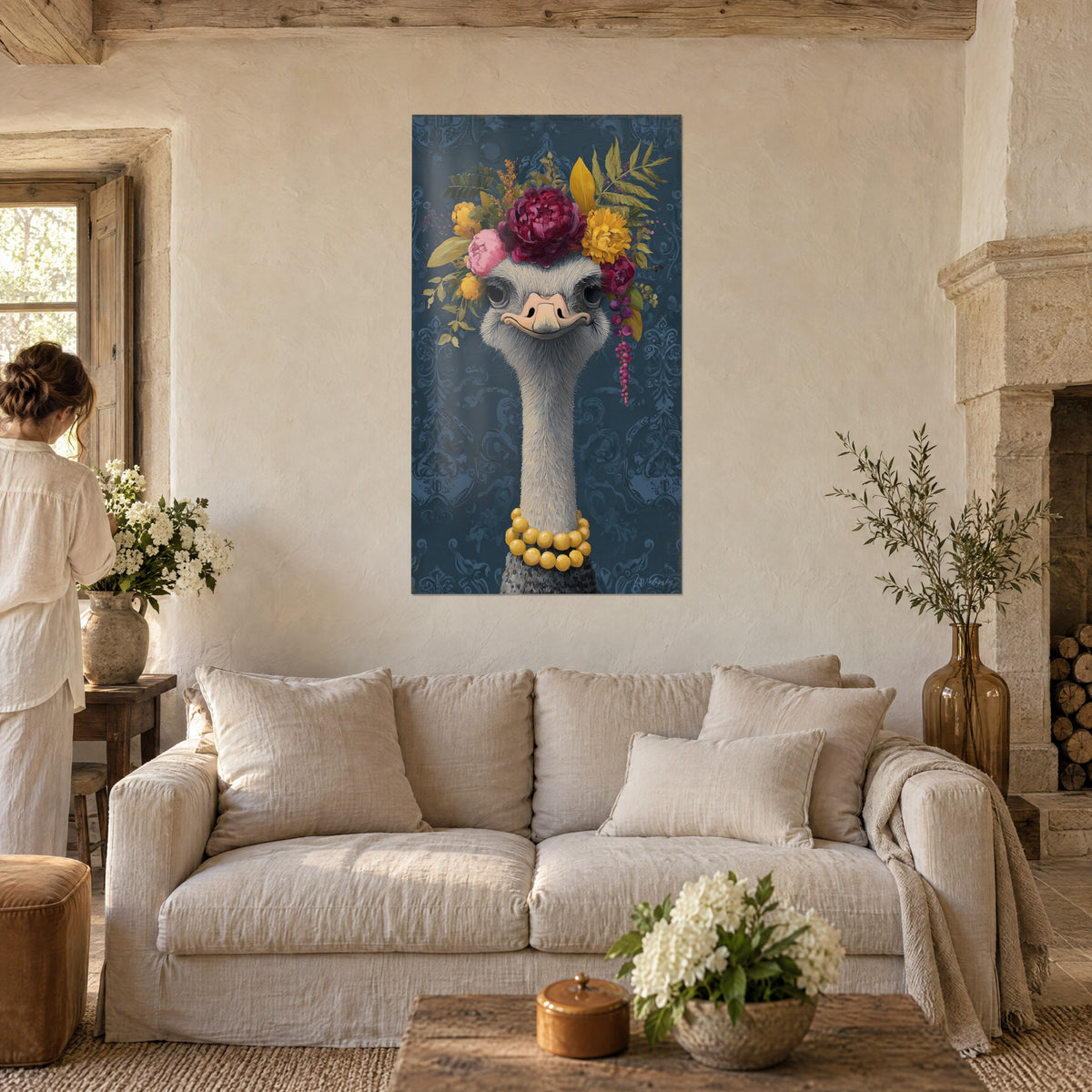 Wall art ostrich with a mischievous smile, wreath of purple and pink peonies on a midnight-blue background, above a sofa in a bright living room