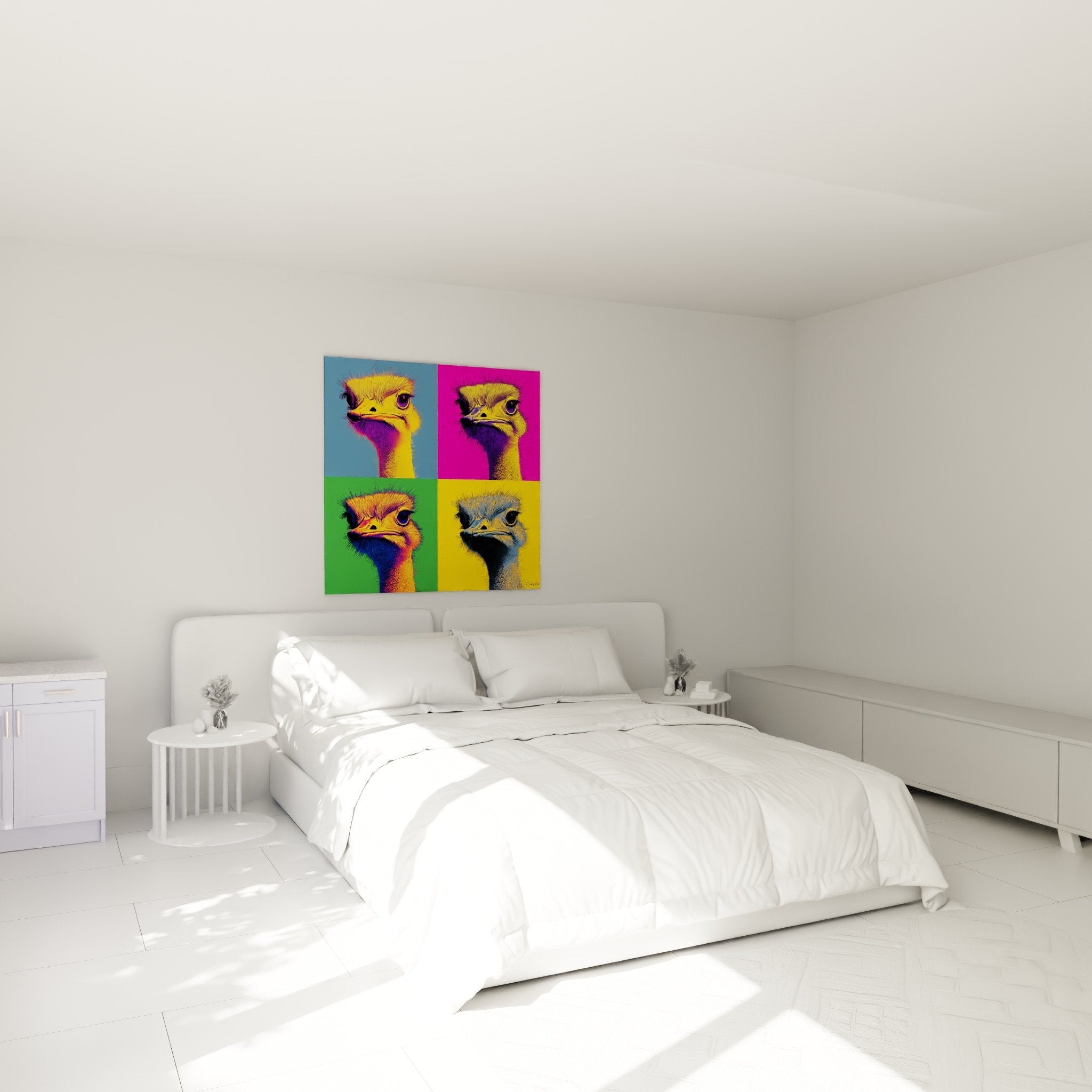 Strauß Pop-Art Vierteilig Wandbild farbig aufgehängt modernes Schlafzimmer Wanddekoration
