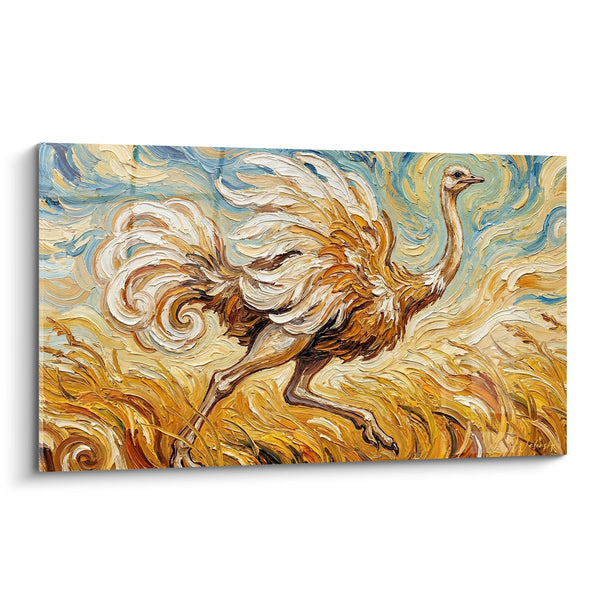 Schilderij Kolkende Struisvogel in Goud en Blauw - Dynamische Beweging - Struisvogel Editie