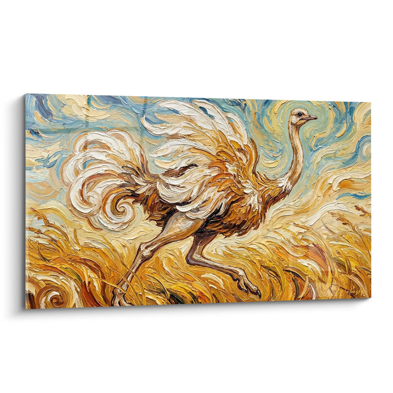 Tableau Autruche Tourbillonnante aux Couleurs Dorées et Bleues - Mouvement Dynamique - Edition Autruche