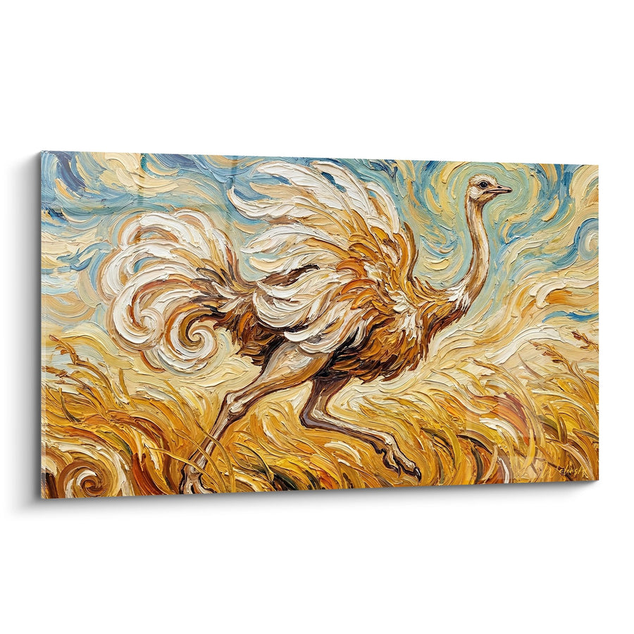 Tableau Autruche Tourbillonnante aux Couleurs Dorées et Bleues - Mouvement Dynamique - Edition Autruche