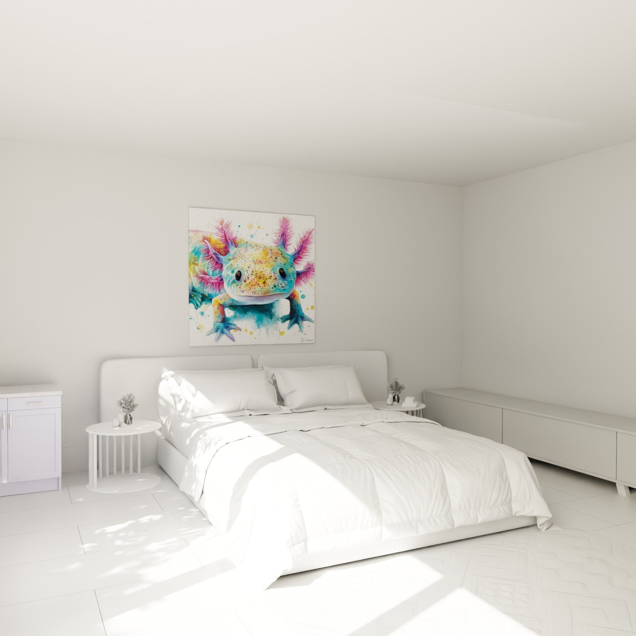 Farbiges Axolotl-Gemälde in modernem Schlafzimmer mit zeitgenössischer künstlerischer Wanddekoration