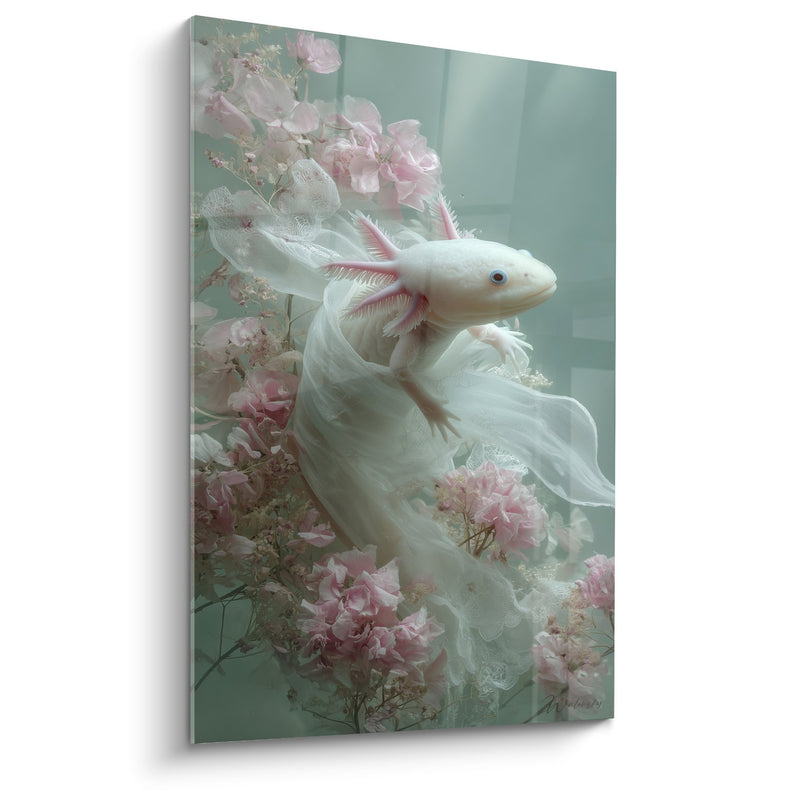 Tableau Axolotl Blanc aux Branchies Roses dans un Univers Fleuri Pastel - Douceur Aquatique - Edition Axolotl