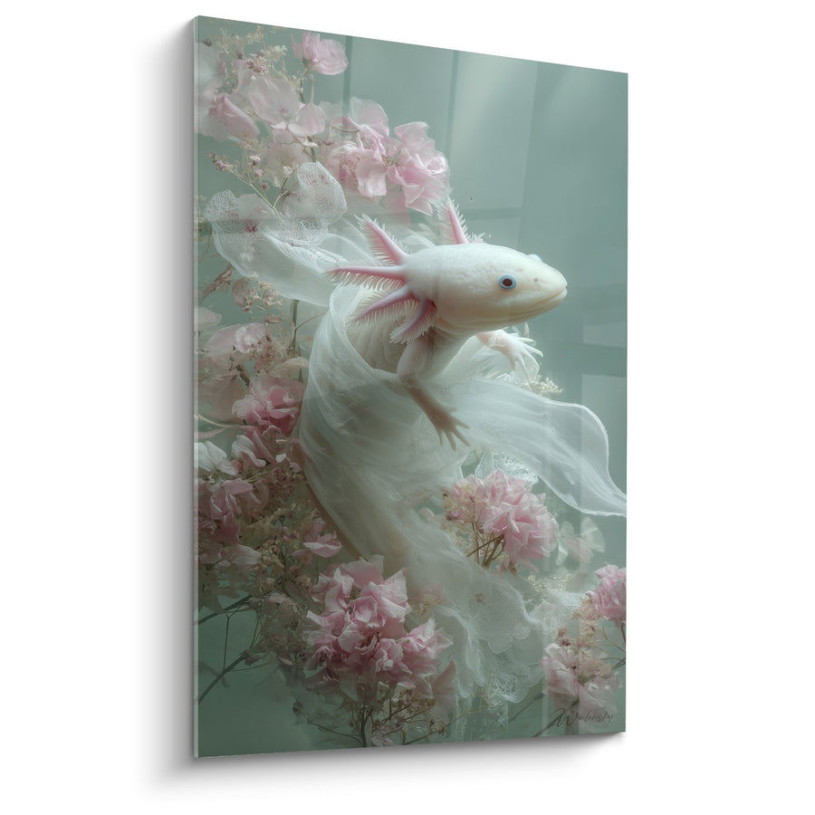 Weißes Axolotl-Gemälde mit rosa Kiemen in einem blühenden pastellfarbenen Universum - Sanfte Wassermagie - Axolotl-Edition