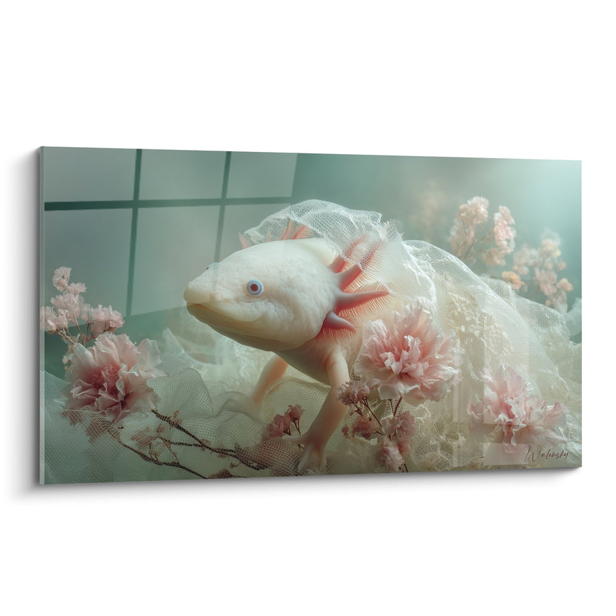 Weißer Axolotl-Kunstdruck mit Tüllschleier und rosafarbenen Blüten - Ätherische Zärtlichkeit - Axolotl Edition