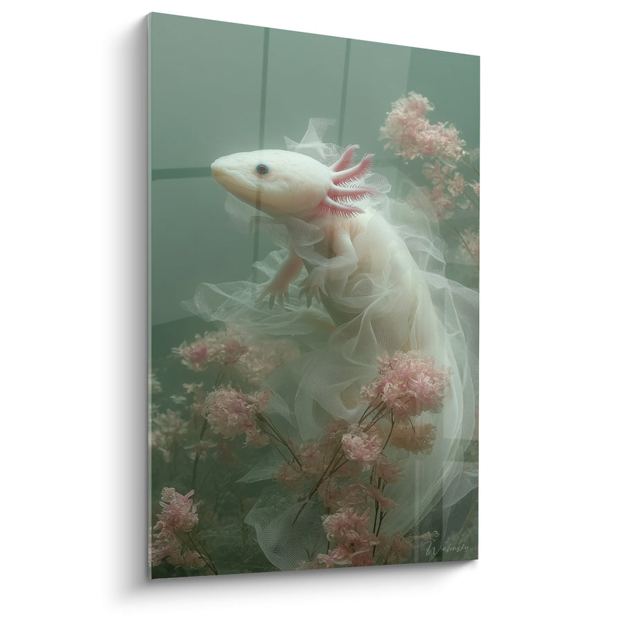 Weißes Axolotl-Gemälde in durchsichtigen Schleiern mit rosa Blüten - Aquatische Reinheit - Axolotl-Edition