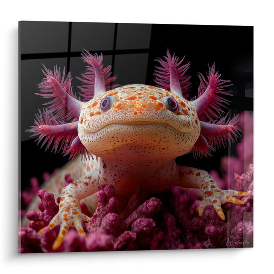 Tafel Axolotl met Roze Kieuwen en Oranje Motieven op Paars Koraal - Fantastisch Waterdier - Editie Axolotl