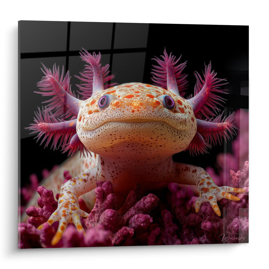 Axolotl Tafelbild mit Rosa Kiemen und Orange Motiven auf Violettem Korallengrund - Fantastische Aquatische Kreatur - Axolotl Ausgabe